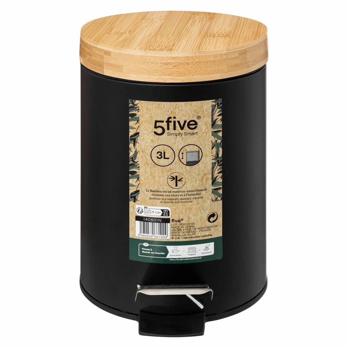 Papelera con Pedal Naturéo Black 3 l Metal Tapa de bambú Cubo extraíble