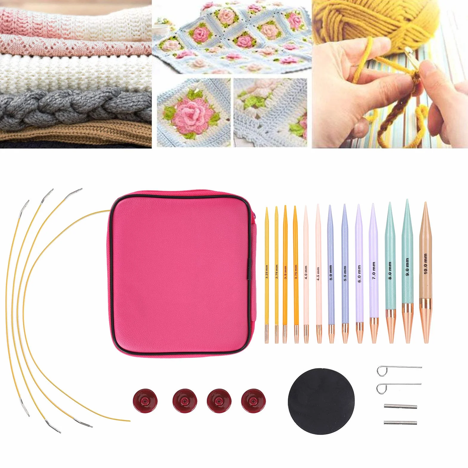 Juego de 13 pares de ganchos de ganchillo Aguja de ganchillo Suministros de tejer Kit de ganchillo para principiantes con estuche Multicolor Aluminio Hilo ergonómico Agujas de tejer Herramientas de co