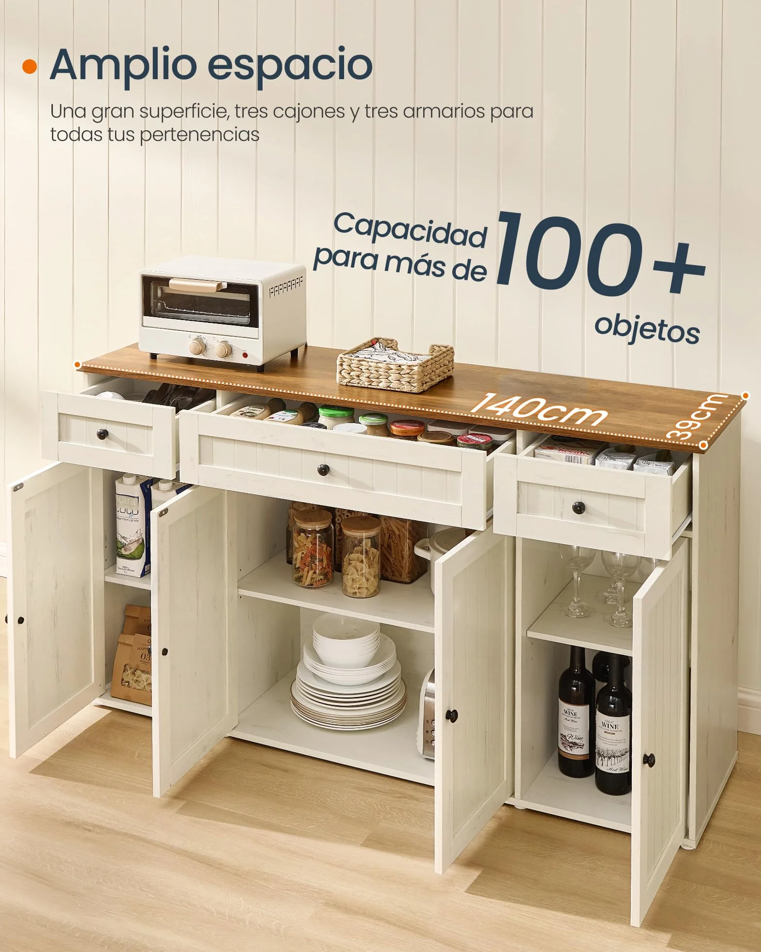 SONGMICS HOME Aparador, Montaje Súper Rápido Sin Herramientas Toolless, Mueble de Cocina con Encimera, Estantes Ajustables, Blanco Rústico y Marrón Miel BBK376WJ02
