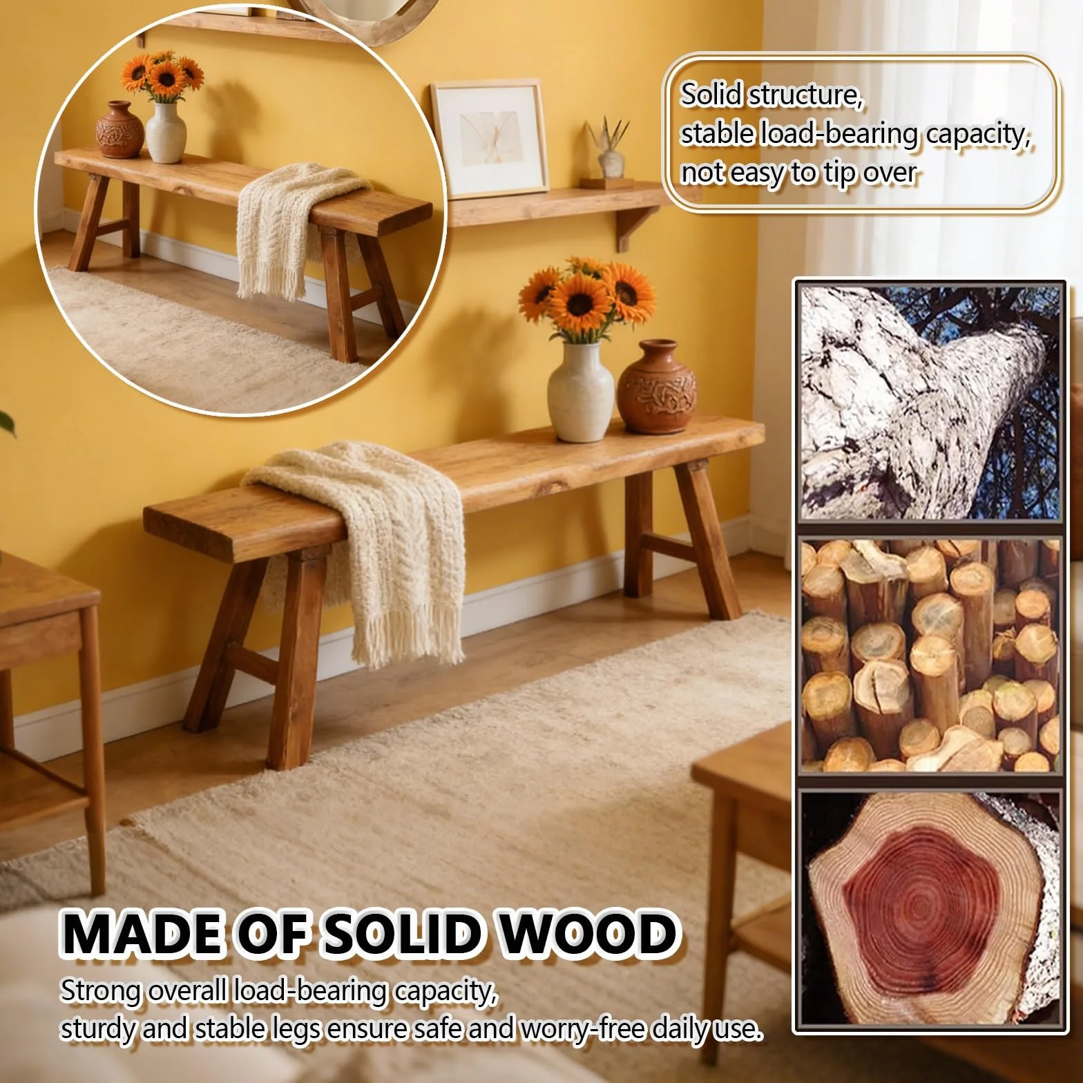 Banco rústico para los pies de la Cama, Banco de Madera para la Entrada Interior, Madera rústico Estrecho para el Comedor.(80cm)
