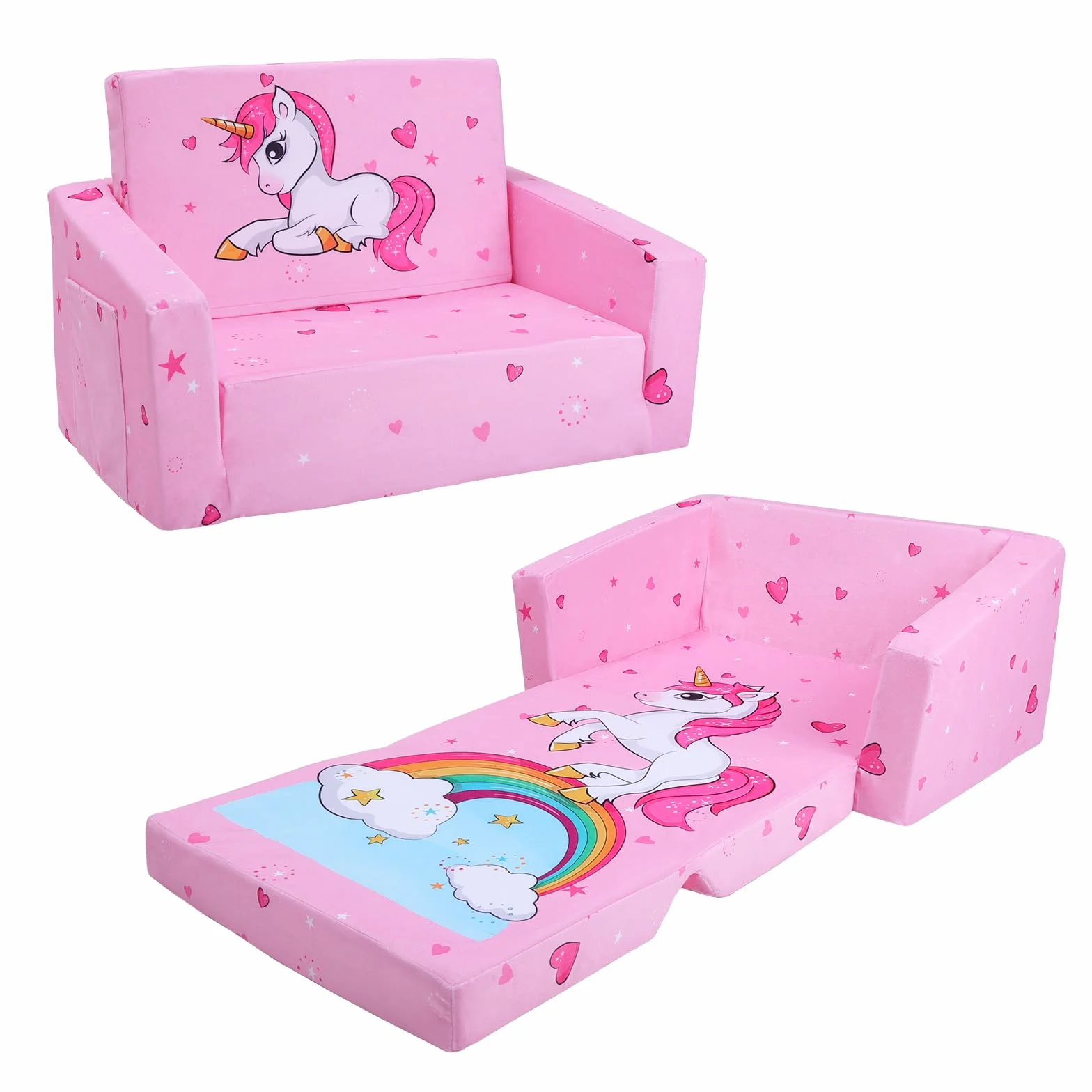 decalsweet Sofás Plegables para niños Sillón con Respaldo 2 en 1, Sillón Infantil Cómoda Estable Ligero con Bolsillo de Tela, Sofá Cama Asiento para Bebé para Dormitorio Sala de Juegos, Unicornio