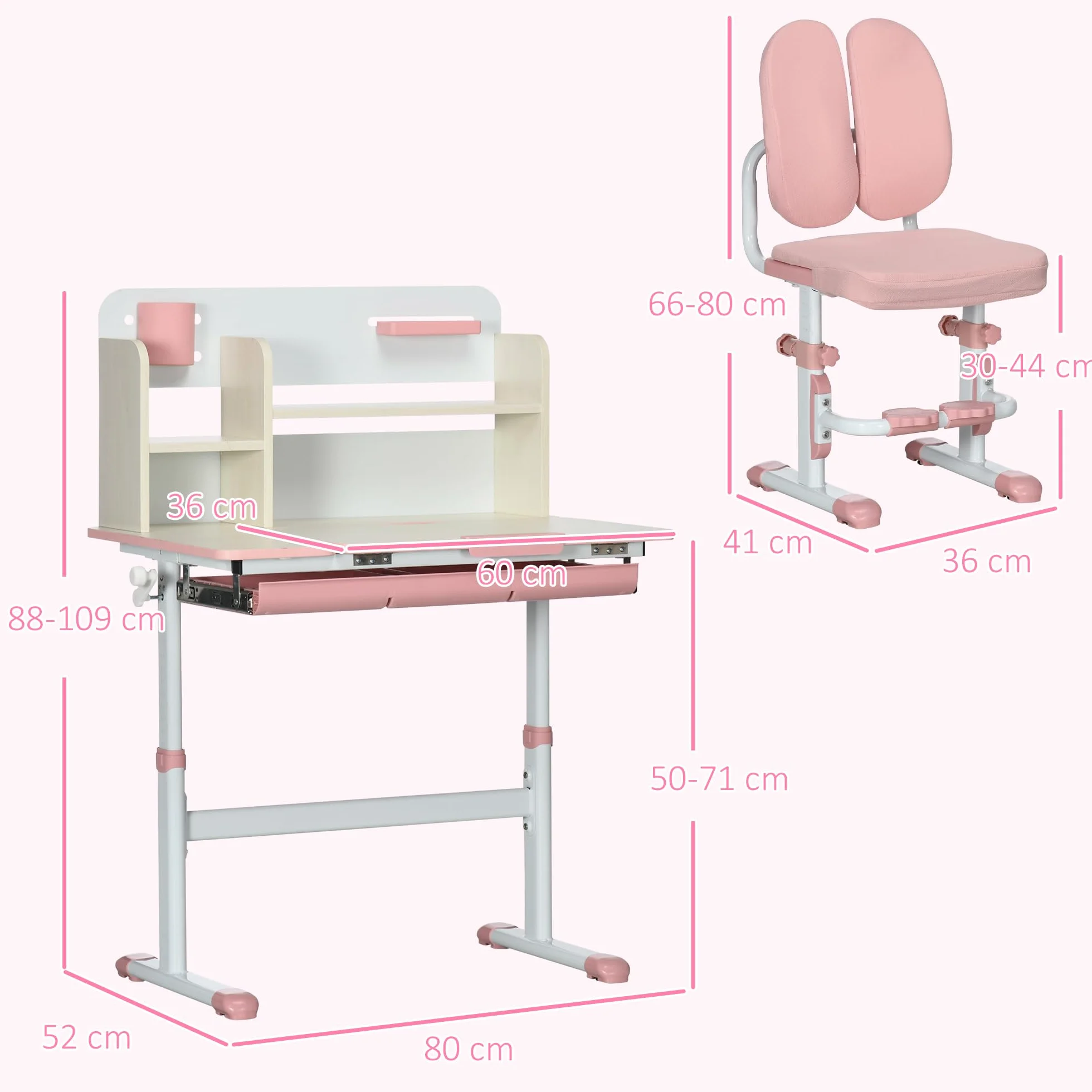 HOMCOM Pupitre Infantil Altura Ajustable con Cajón y Estante 80x52x88-109 cm Rosa y Blanco