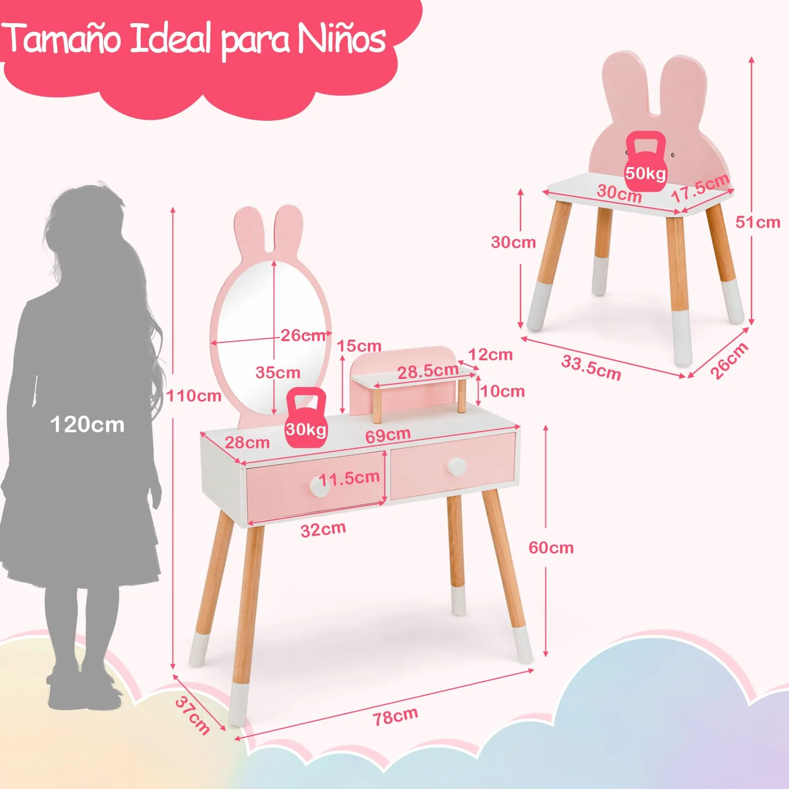RELAX4LIFE 2 en 1 Tocador de Maquillaje para Niña con Espejo Extraíble, Taburete, 2 Cajones, 3 Accesorios, Madera, Rosa 3-7 Años