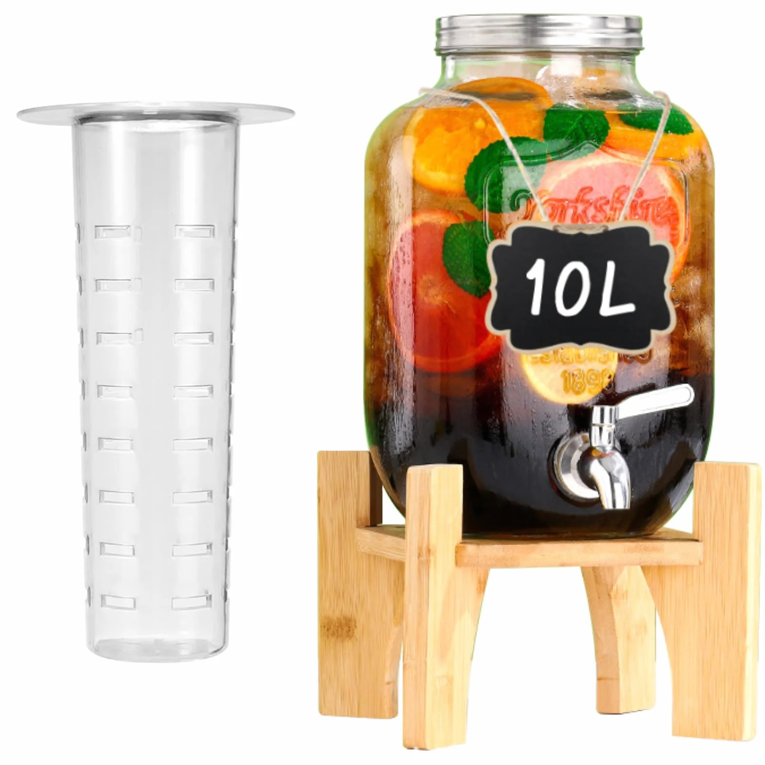 Dispensador de bebidas de 10 L con soporte y tapa, dispensador de limonada con grifo de vidrio de borasilicato resistente al calor con grifo inoxidable para jardín, buffet, fiesta y cocina, bodas