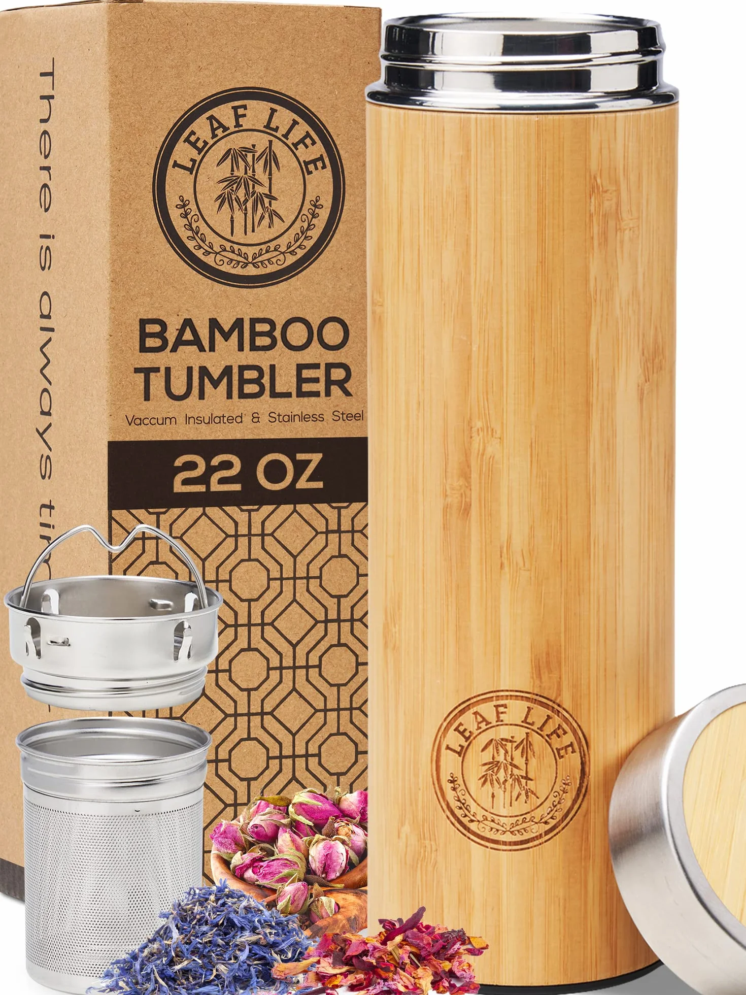 LeafLife Botella Térmica de Bambú con Colador e Infusor de Té 650 ml - Mantiene el Calor y el Frío Durante 12 Horas -Botella de Acero Inoxidable con Aislante al Vacío, Termo Café y Té en Hojas