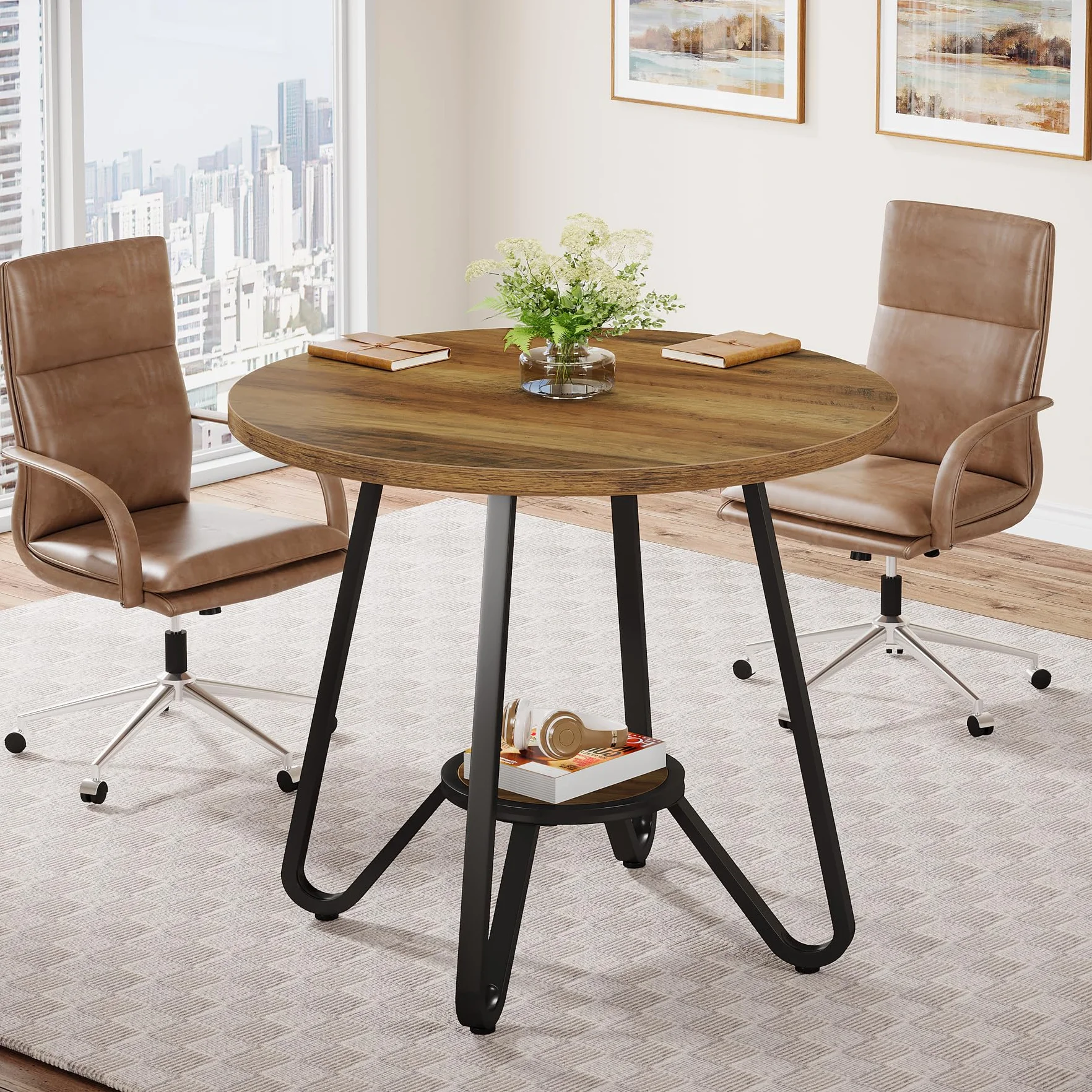 Tribesigns Mesa Redonda de Reunión 80×80×75 cm, Mesa de Conferencias para 2-4 Personas, Mesa de Oficina de Madera Compacta para Espacios Reducidos, Marrón
