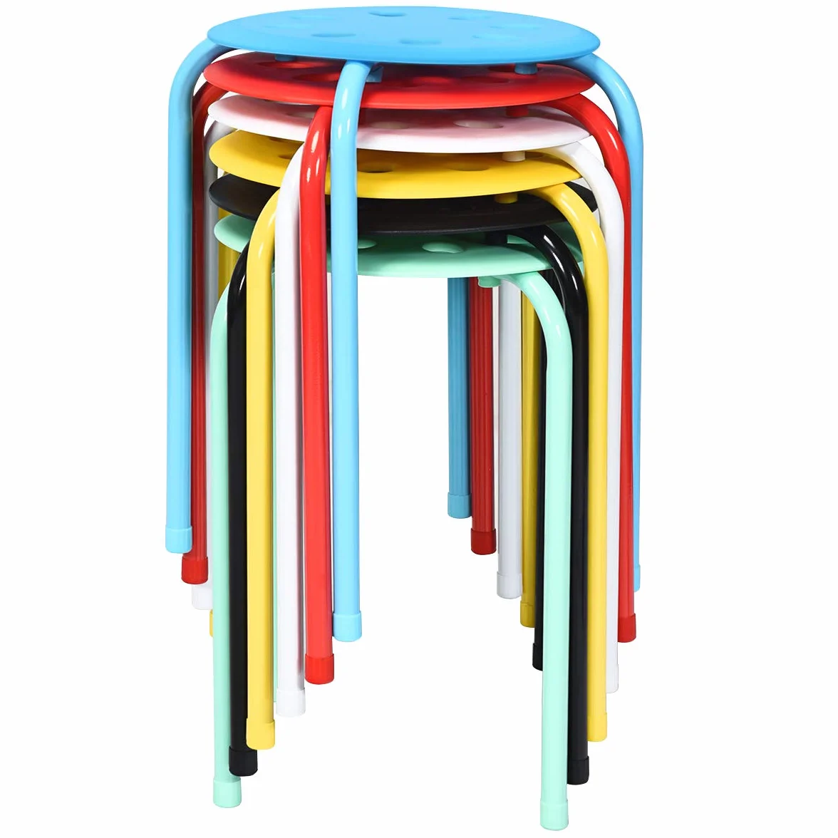 GOPLUS Juego de 6 Taburetes Apilables de Metal, Taburetes Redondons sin Respaldo con Asiento Plástico, Conjunto de Taburetes Portátile para Cocina Comedor Escuela Oficina, 37×37×44 cm (Multicolor)