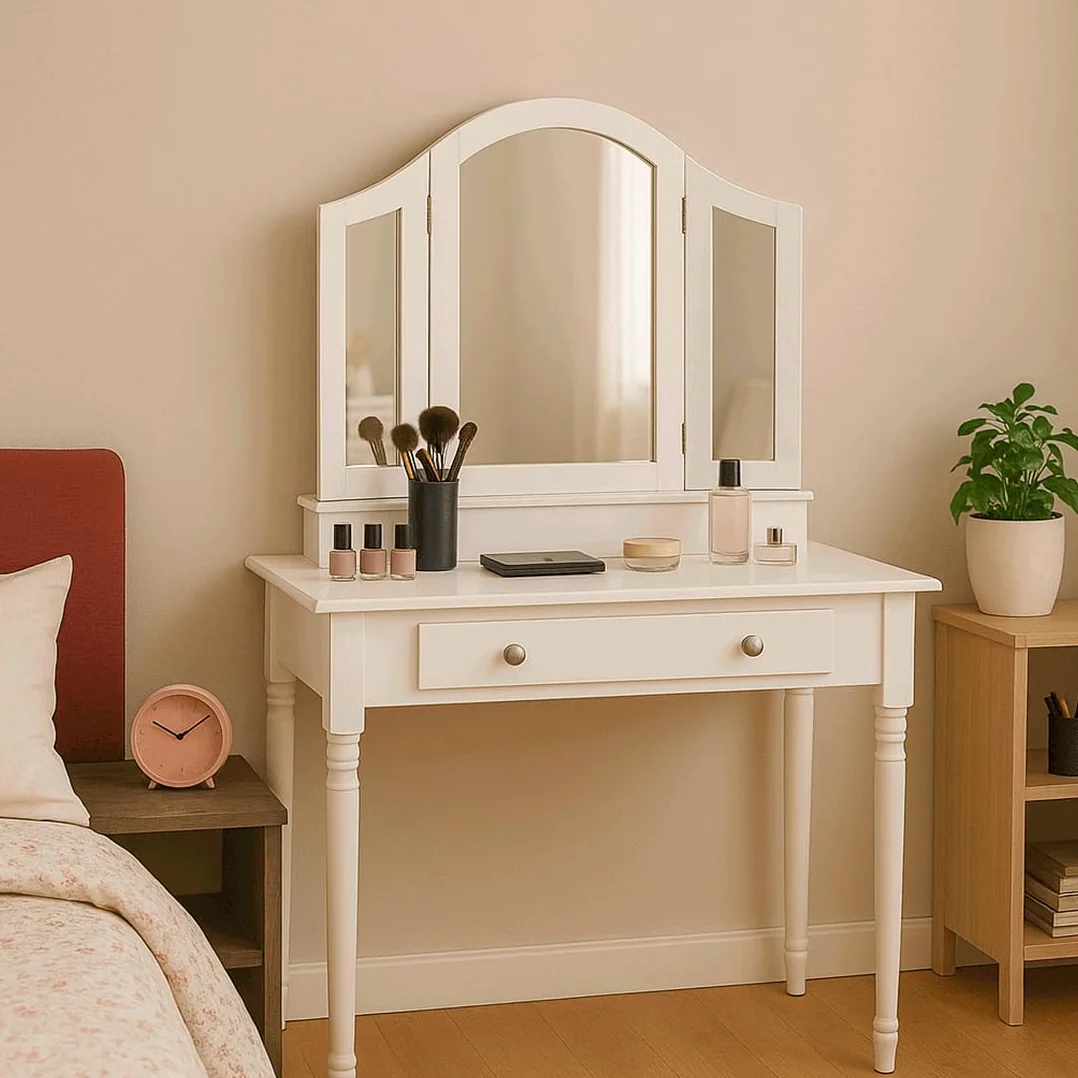 Acomoda Textil – Tocador de Madera con Espejo. Mesa de Maquillaje Blanca con Cajón Amplio y Diseño Elegante para Dormitorio. Mueble Funcional, Resistente y Versátil. (82x36x138 cm)