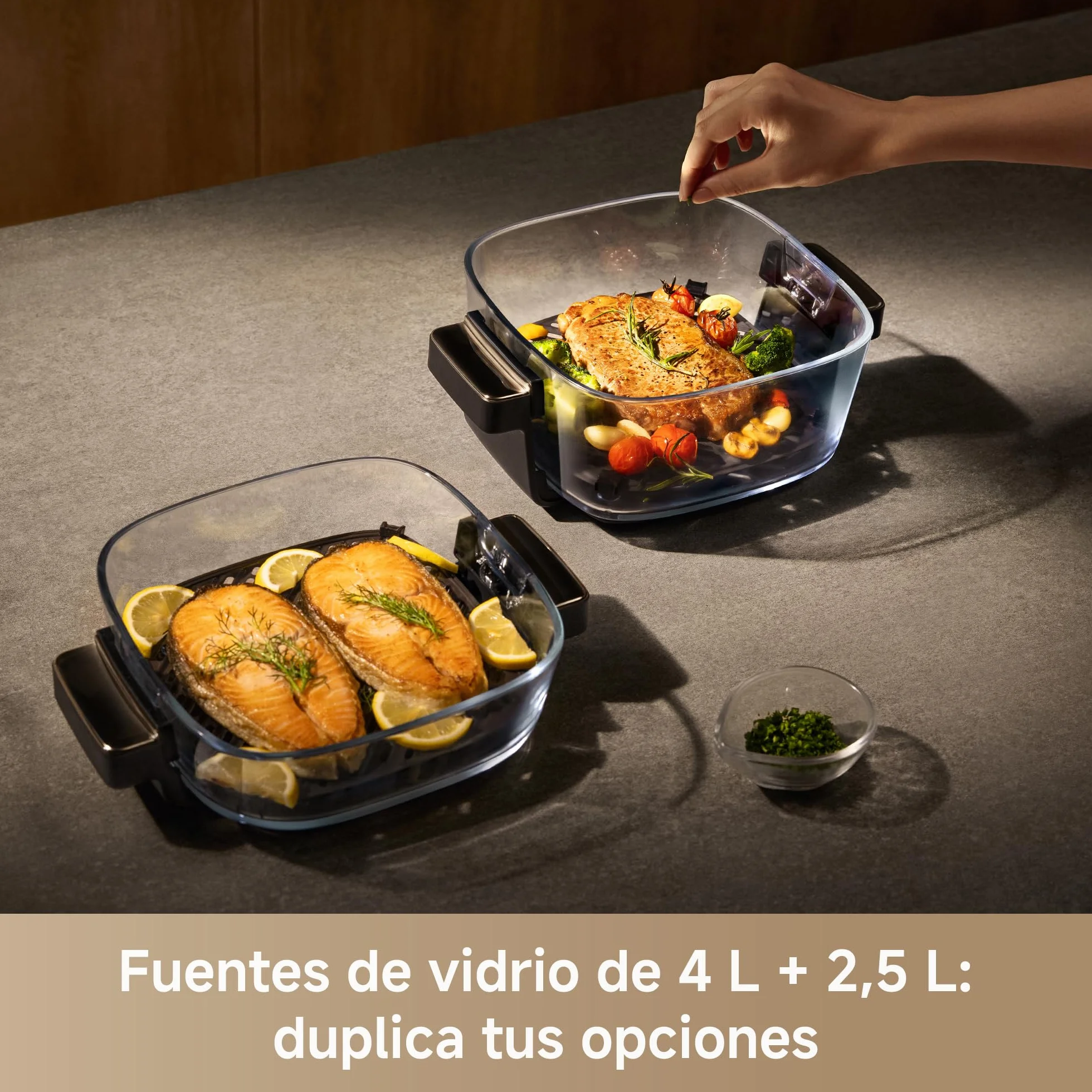 MOVA Aeroglass AF20 Pro Freidora De Aire Sin Aceite interior vidrio transparente, doble capacidad 4L+2,5L, recipiente vidrio, motor sin escobillas, 8 recetas inteligentes, control 40℃-185℃.