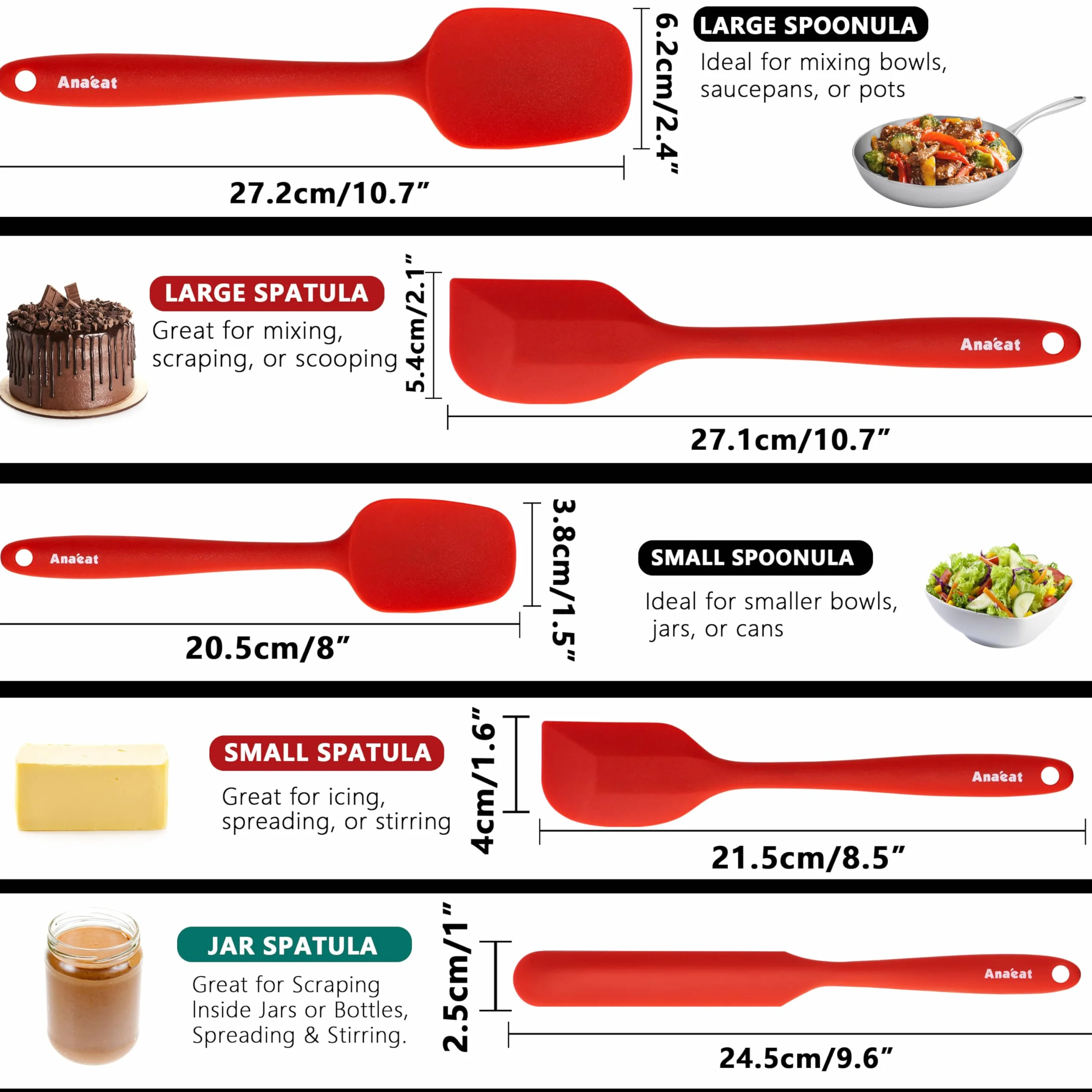 Anaeat Juego de 5 espátulas de silicona – Diseño sin costuras de una pieza – Espátulas de goma antiadherentes sin BPA, raspador de cocina flexible para hornear, cocinar, raspar y mezclar, resistente