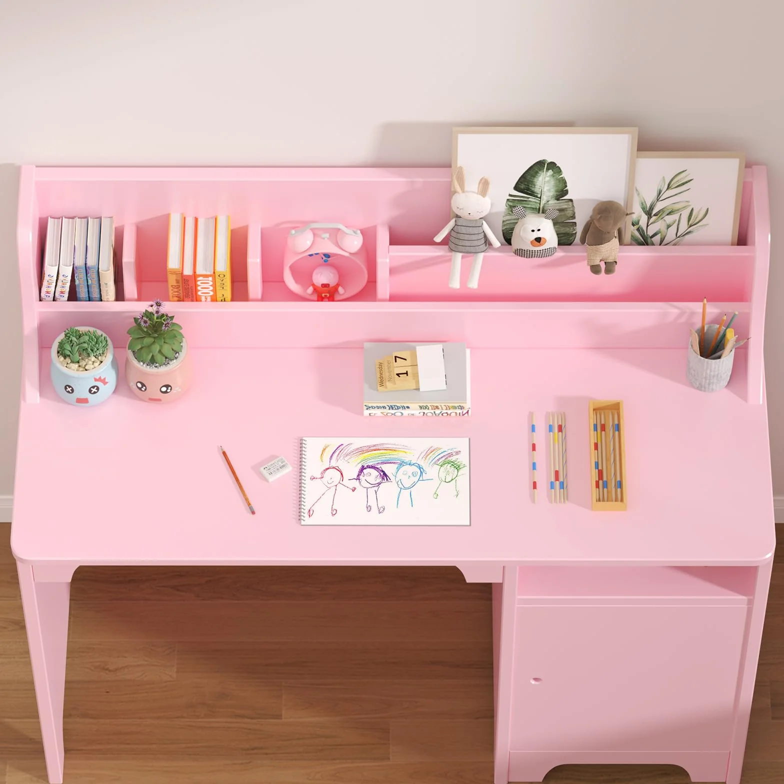 Escritorio Infantil con Silla de Madera con Estantes y Taquilla para Niños de 3+ Años