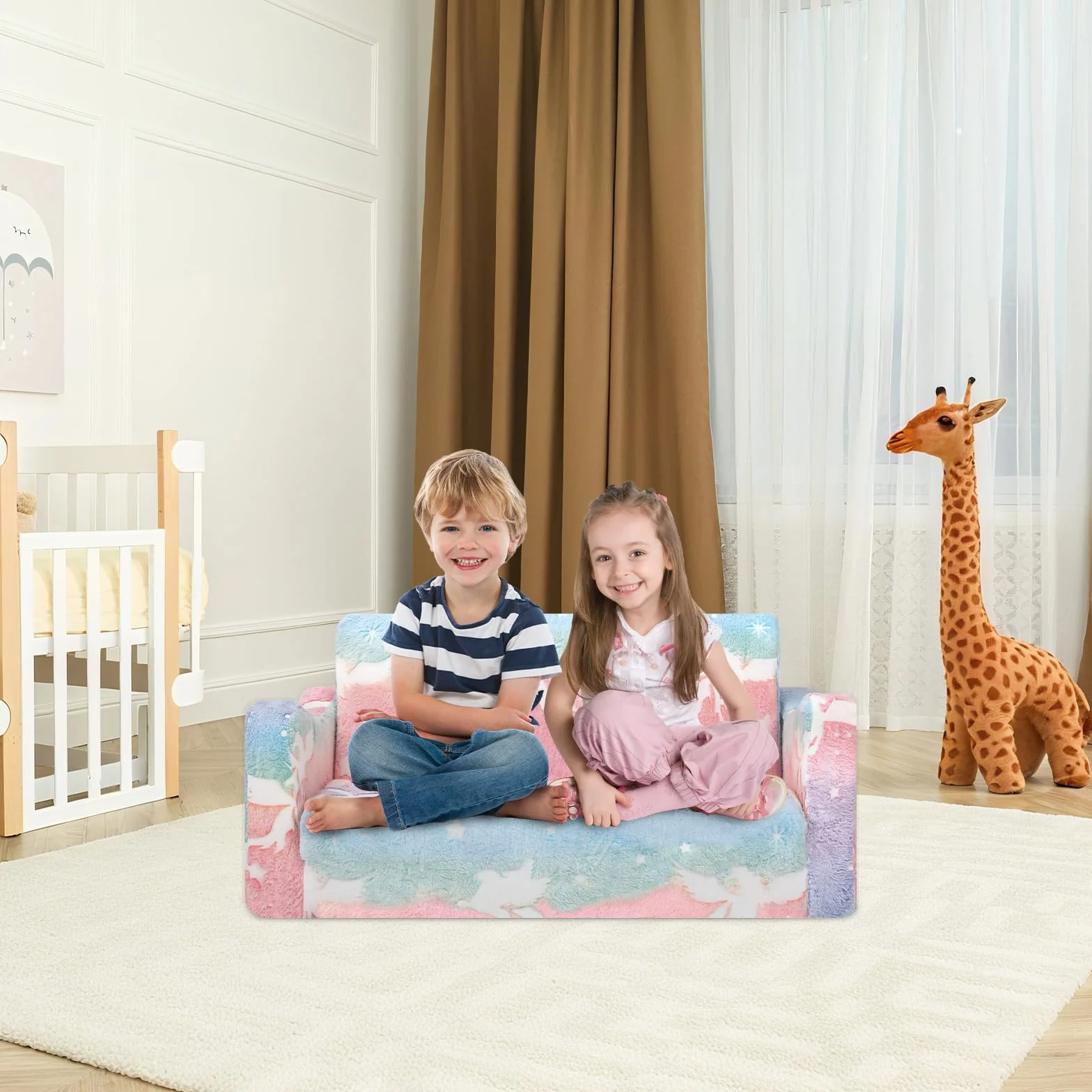 Convertible Sofa para Niños 2 en 1, Plegable Sofa Infantil Brilla en la Oscuridad para Niñas y Niños, Estable Silla Niño 2 Plazas para Dormitorio Sala de Juegos,Unicornios