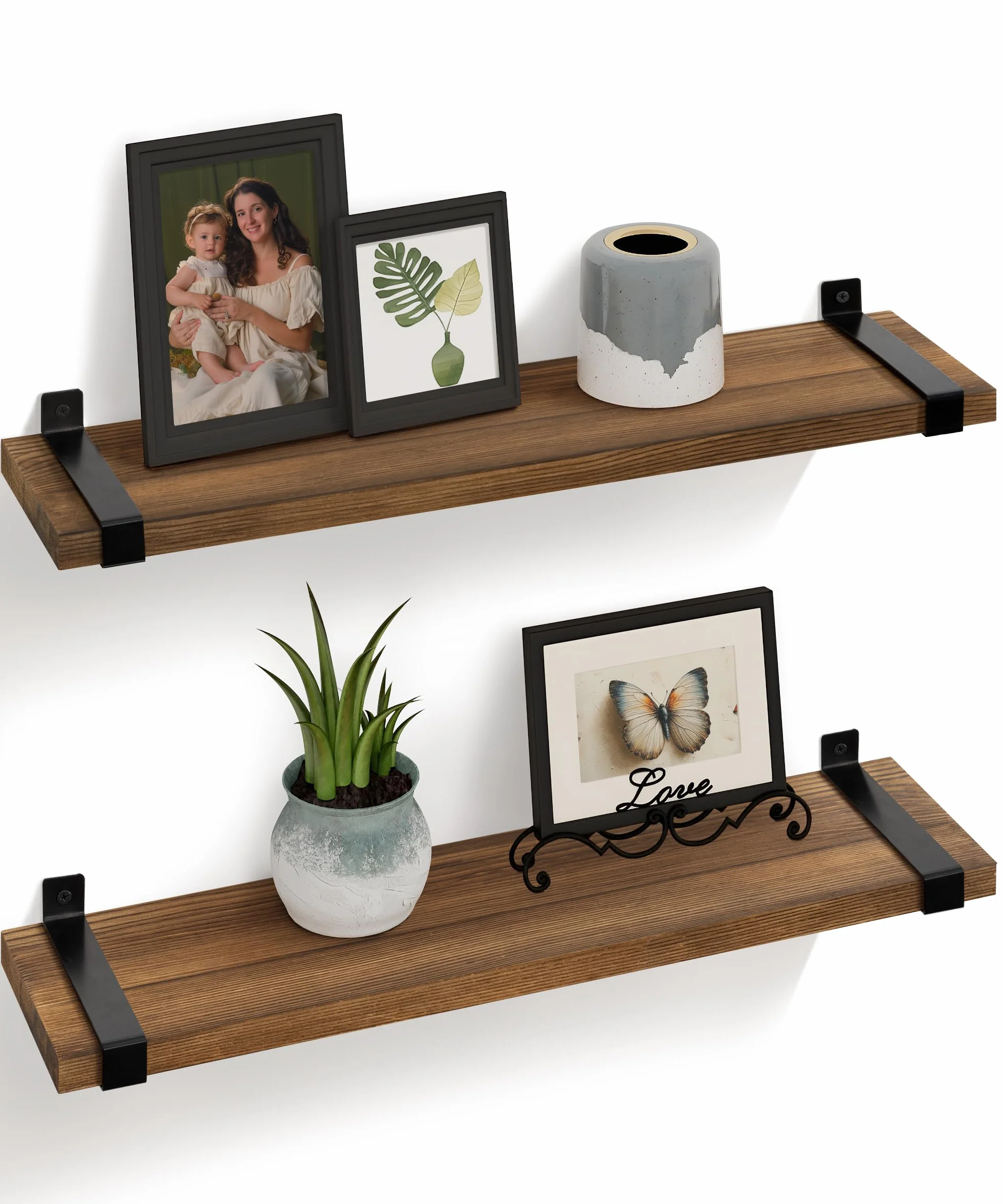 Gronda Estantería de Pared Larga, Baldas de Madera Marrón con Soporte Metal | 60cm Estantes de Pared Juego de 2, Repisa, Almacenaje, Decoración, Balda Flotante para Fotos, Plantas, para Salón