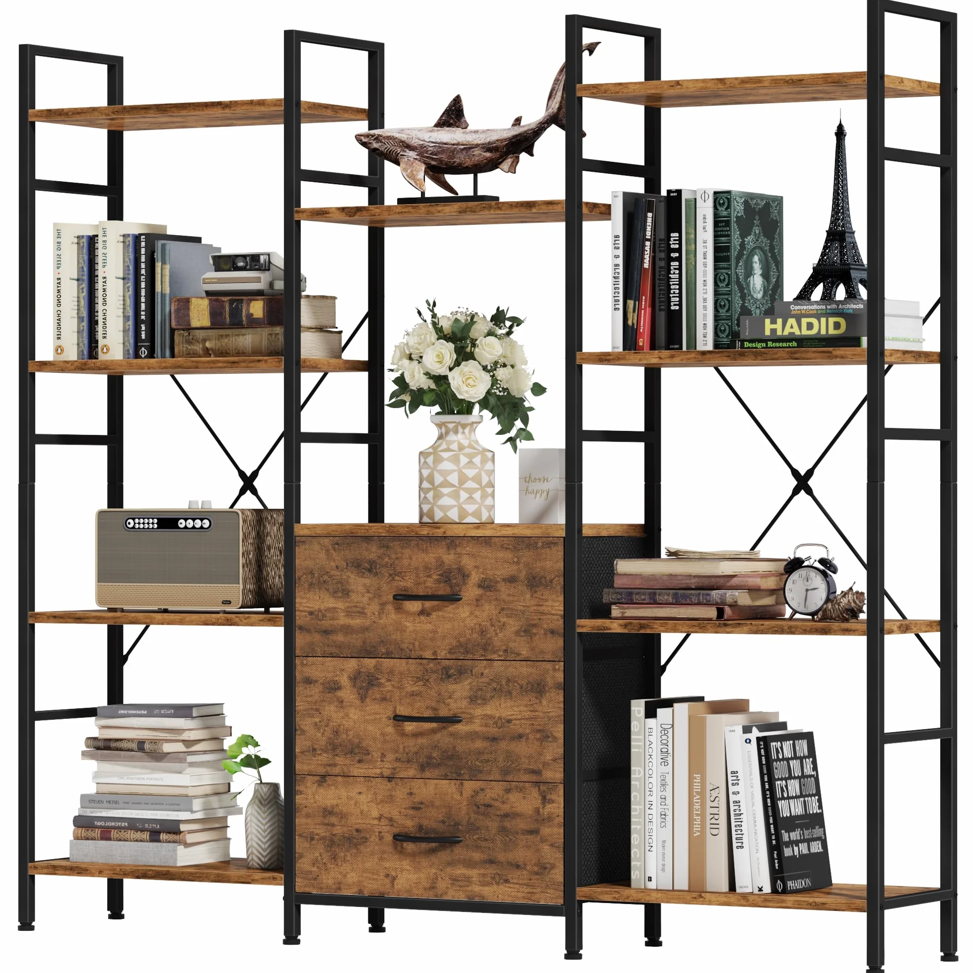 Libreria Estanteria de Alto 120W x142Hcm con 3 Cajones de Tela, Estanteria Libros de 4 Niveles, Estantería Grande de 120 cm de Ancho para Sala de Estar Dormitorio Estudiar Marrón Rústico