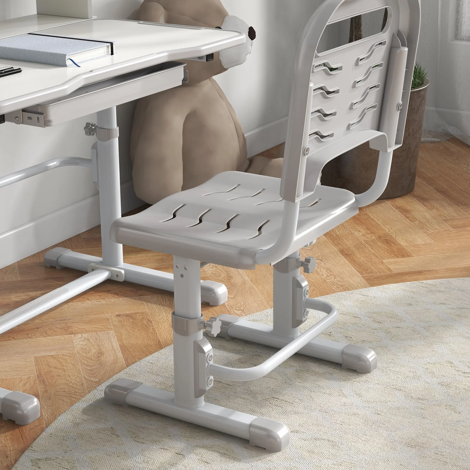 ZONEKIZ Juego de Escritorio y Silla para Niños 6-12 Años Pupitre Infantil Altura Ajustable con Cajón y Estante 80x54,5x82-104 cm Gris Blanco