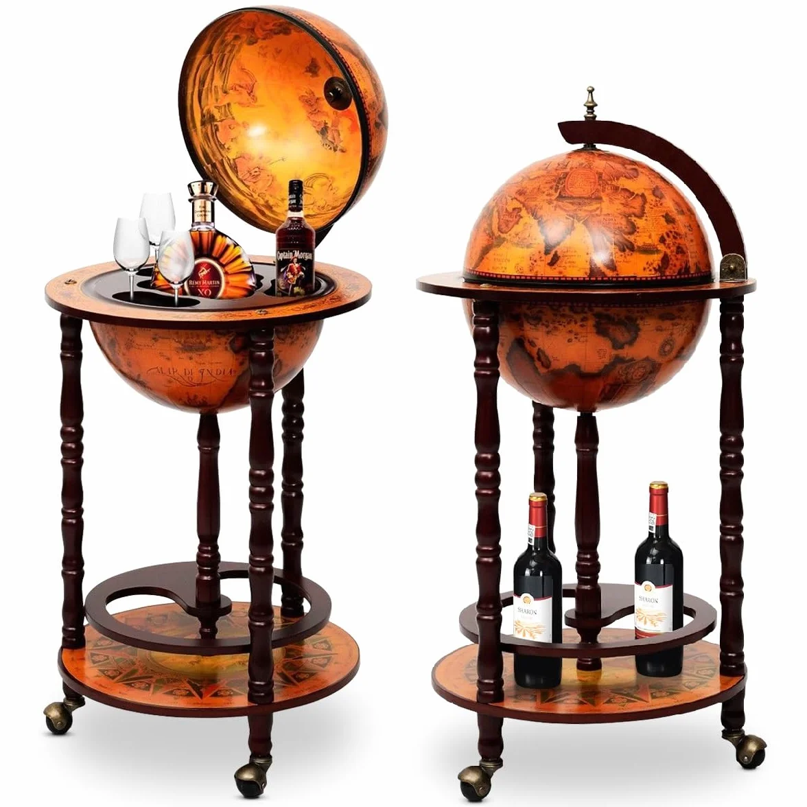 GIANTEX Gabinete de Vino Móvil en Forma de Tierra, con Doble Capa y Tres Ruedas, Madera de Eucalipto, Pueden Almacenar Botellas de Vino y Vasos, Utilizar en Salas de Estar, Bares y Restaurantes