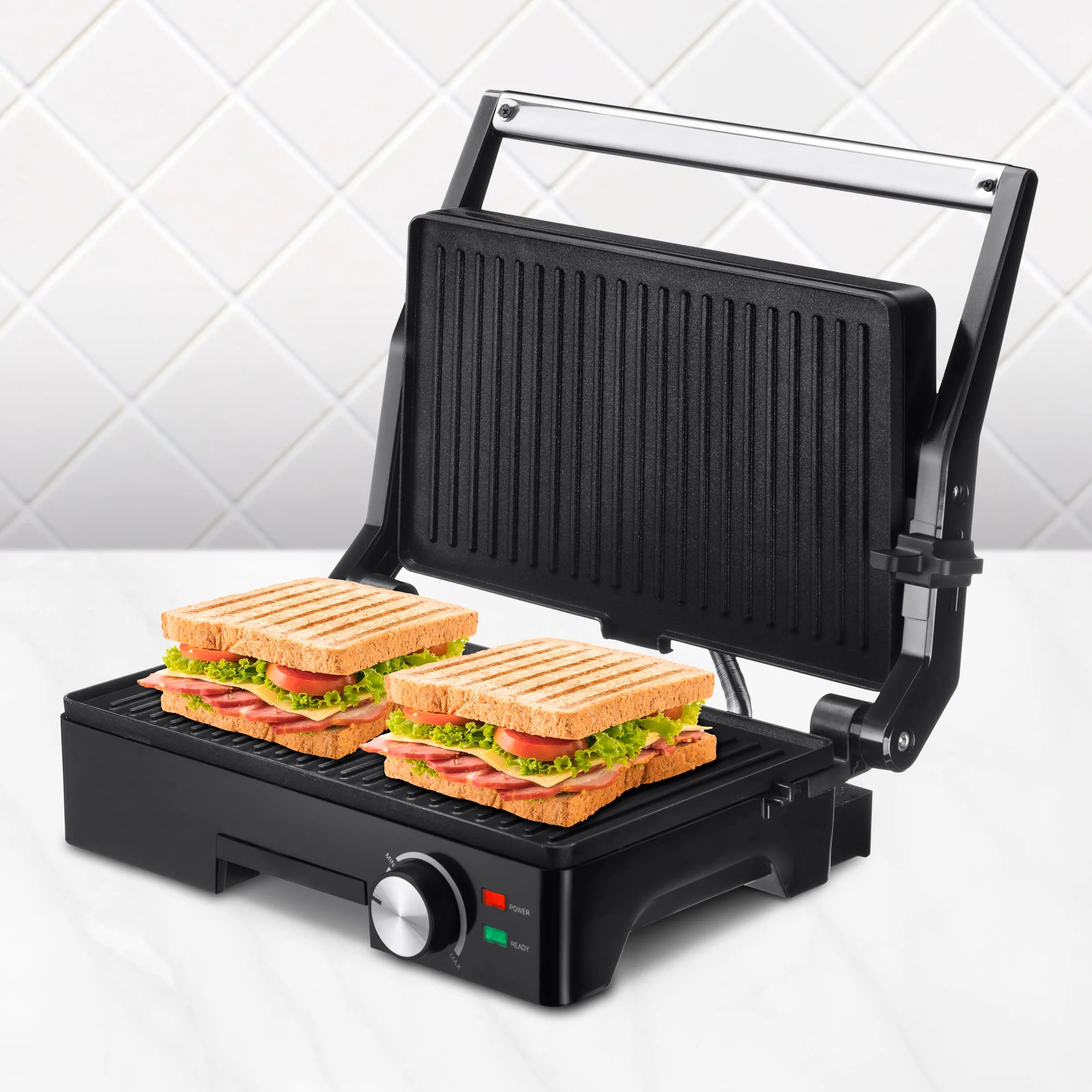 Ufesa Teide Parilla Eléctrica, Panini Press Grill, 1600W, Placas Antiadherentes, Apertura 180º, Regulador de Temperatura, Asa Toque Frio, Negro