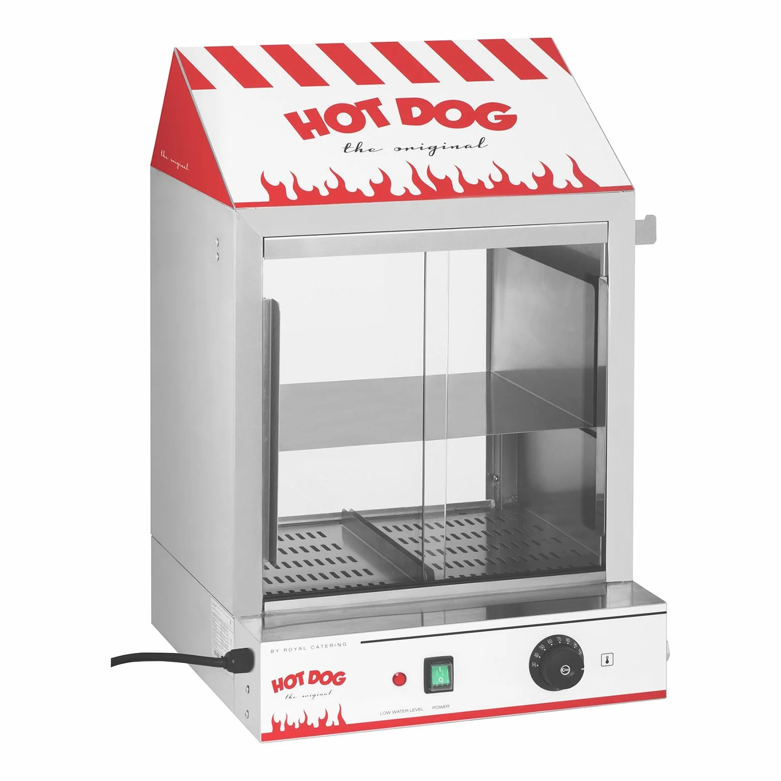 Royal Catering Máquina de Perritos Calientes al Vapor Hot-Dog Machine RCHW 2000 (2000 W, Capacidad 200 salsicce, 50 panecillos, Temperatura 30-110 °C, Válvula de desagüe) Acero inoxidable