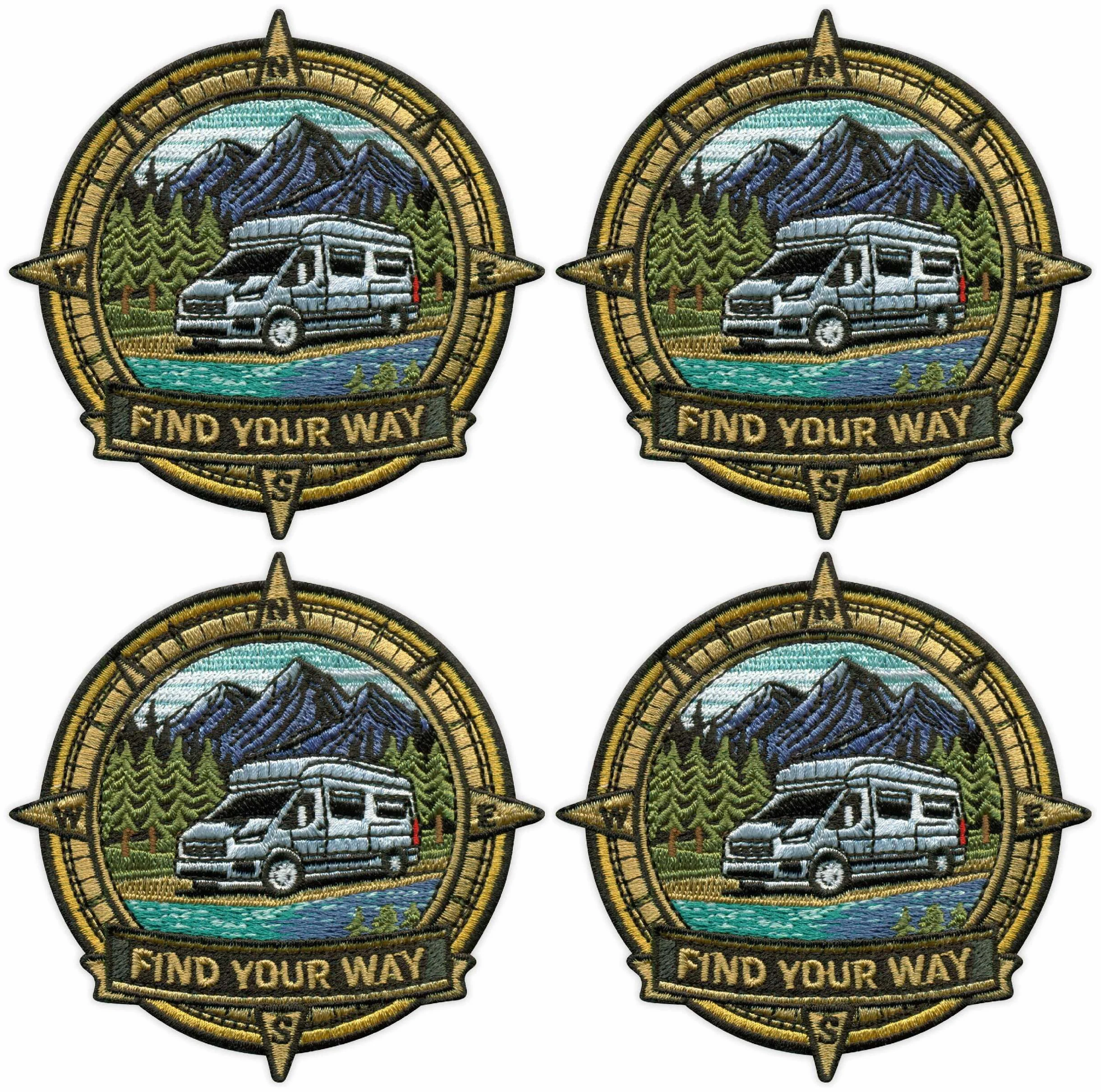 Lote de cuatro - Patchion Camper - ENCUENTRA TU CAMINO - Brújula (NSEW) - Planchable/Termoadhesivo - Parche/Insignia/Emblema bordado