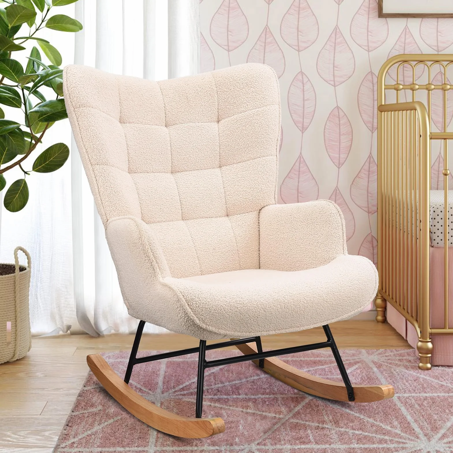 BRILVERDE Sillón Mecedora de Terciopelo Teddy, Silla Lactancia, Silla Lectura, sillón Relax, butaca Mecedora para Sala y Dormitorio, Respaldo a Cuadros, 92 x 68 x 75 cm, Beige