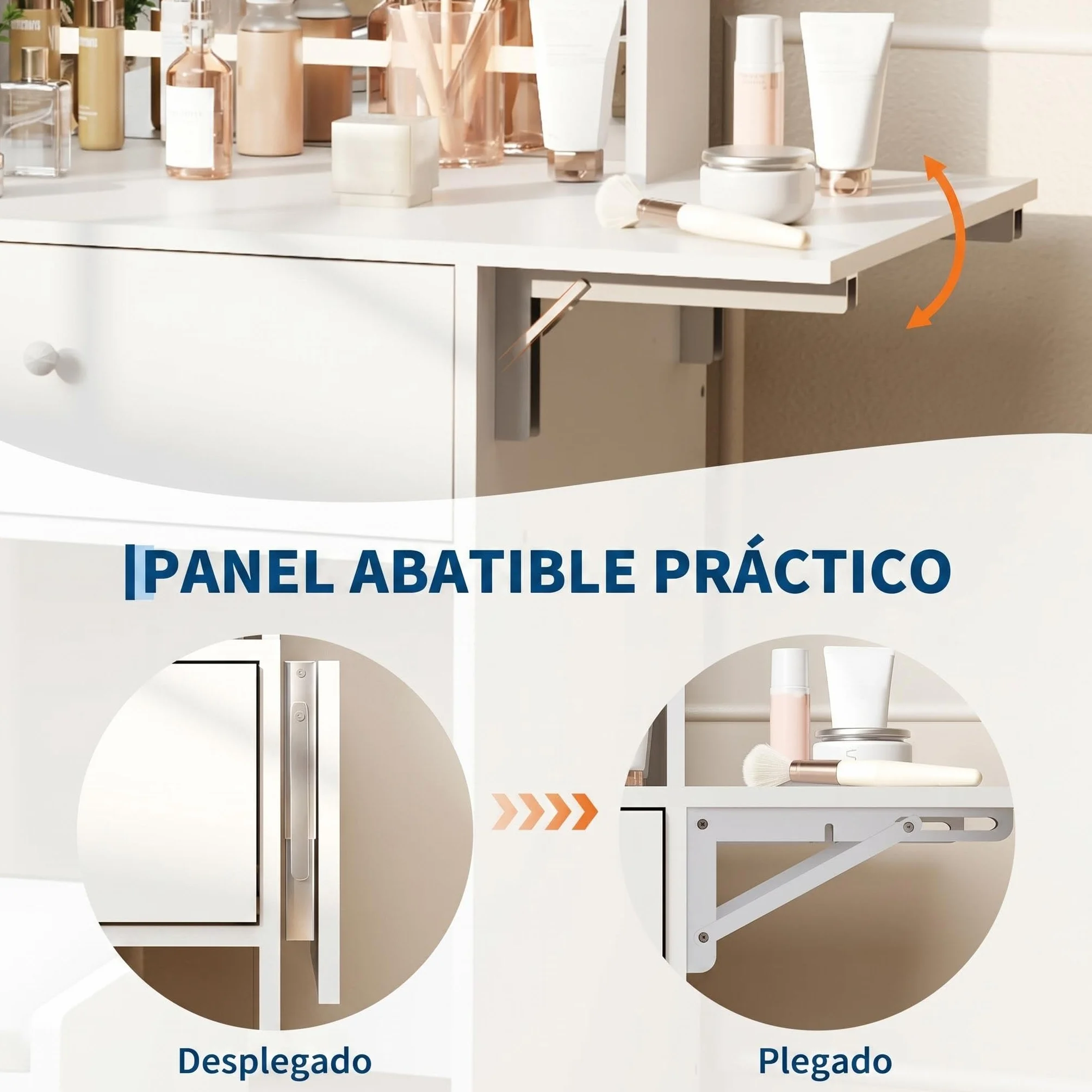 Tocador De Maquillaje Con Luz, Taburete De Almacenamiento, Espejo Y Luces LED Táctiles (3 Colores/3 Modos), Panel Abatible Para Ampliar Encimera, Cajón Grande Y Estantes Abiertos, 50 x 40 x 150,Blanco