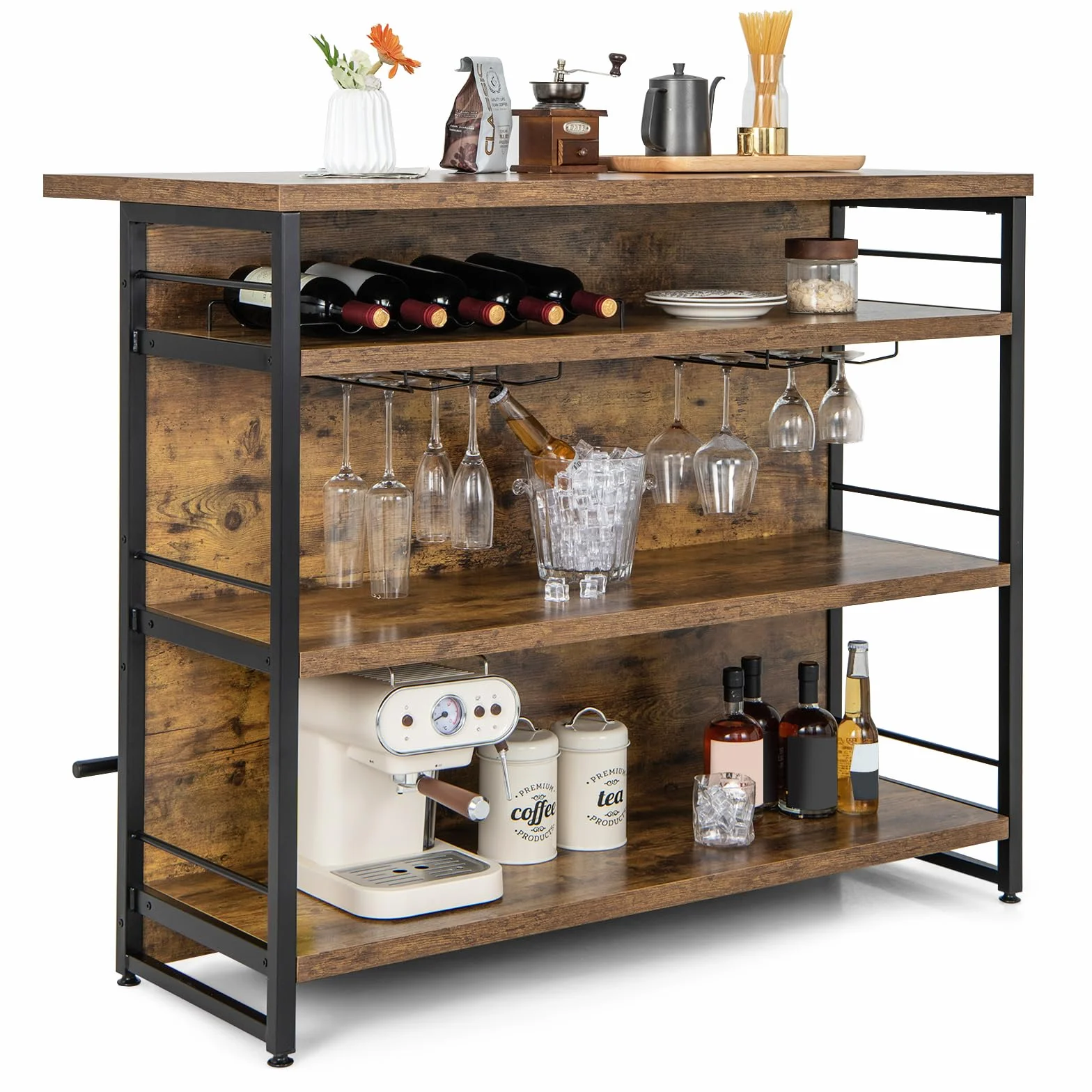 COSTWAY Mesa Barra Cocina Alta, Armario de Barra de Licor de 4 Niveles con 3 Estantes Abiertos, Soportes para Vino y Copas, Isla de Cocina con Reposapiés y Almohadillas Ajustables para Pies (Marrón)