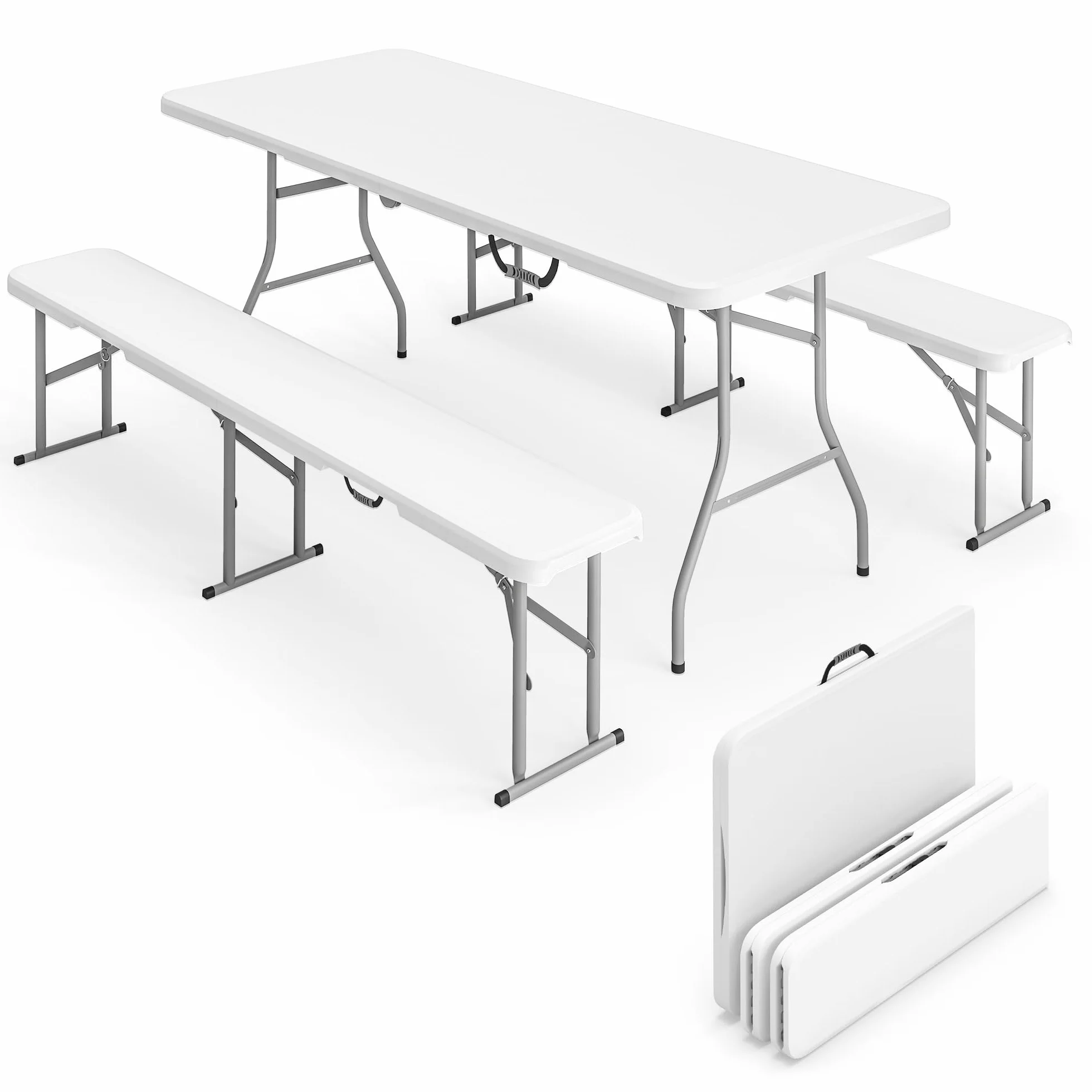 Outsunny Conjunto de Camping Plegable de 3 Piezas, Mesa Plegable Camping con Bancos, Incluye 1 Mesa de Camping 180x74x74 cm y 2 Bancos, Asas, Impermeable, para Acampadas, Jardín, Pícnic, Blanco