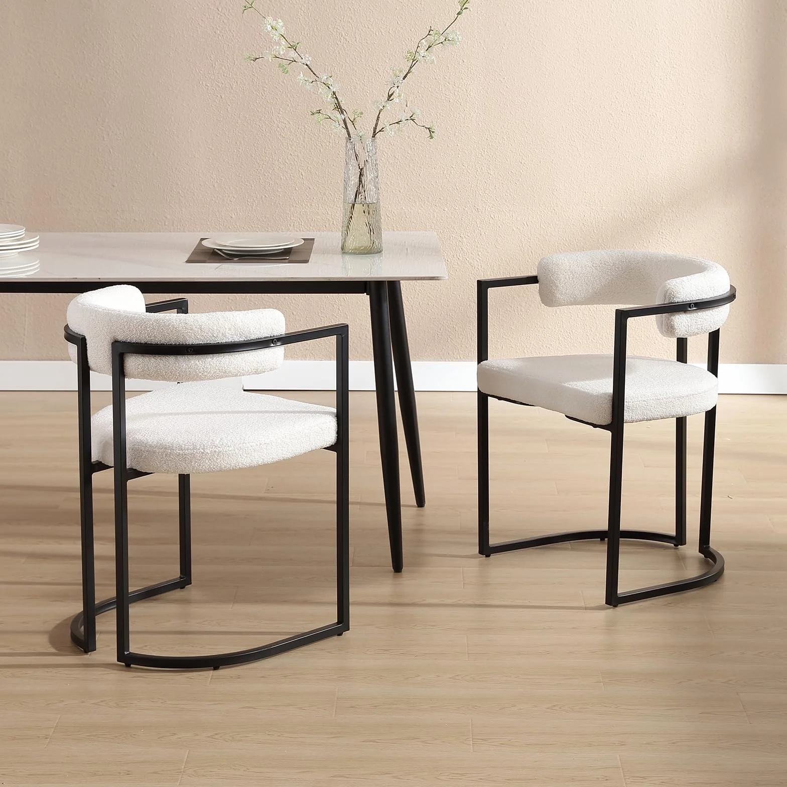 chairus Juego de 2 Sillas de Comedor de Lana Sintética Silas Laterales con Respaldo Curvado, Silla de Cocina con Marco de Metal Silla Decorativa Moderno para Hogar/Restaurante, Blanco