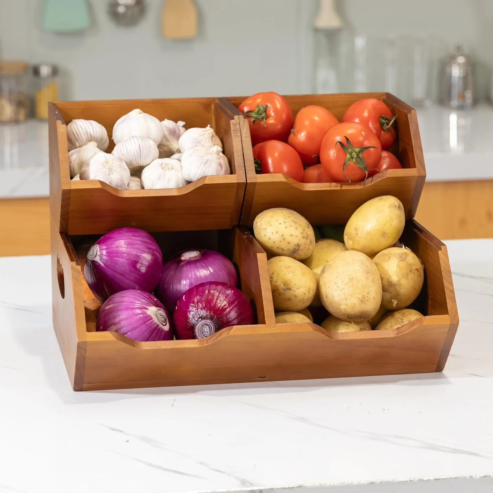 Aquzee Caja para Guardar Patatas de 2 Capas, Apilable Cesta para Patatas y Cebollas de Madera Juego de 3 Piezas, Desmontable Almacenaje Cocina Adecuado para Ajo, Cebolla, Verduras, Frutas y Pan
