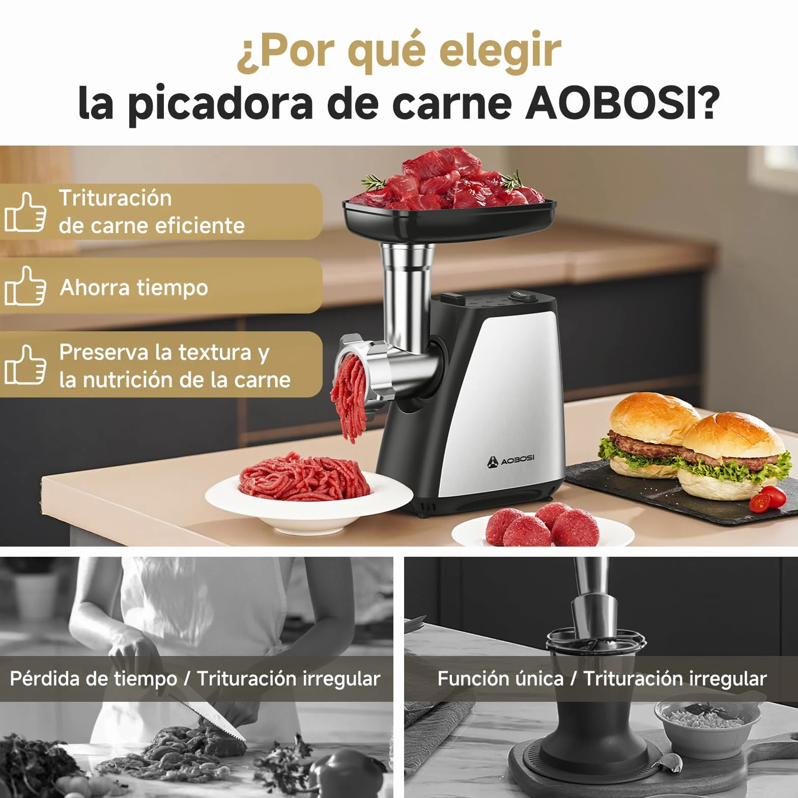AAOBOSI Picadora de Carne, 4-En-1 Picadora de Carne Eléctrica [2800W Max] con 3 Cuchillas para Cortar, 2 Cuchillas para Desmenuzar, 3 Platos, Rellenador de Salchichas, Kit Kubbe, Acero Inoxidable