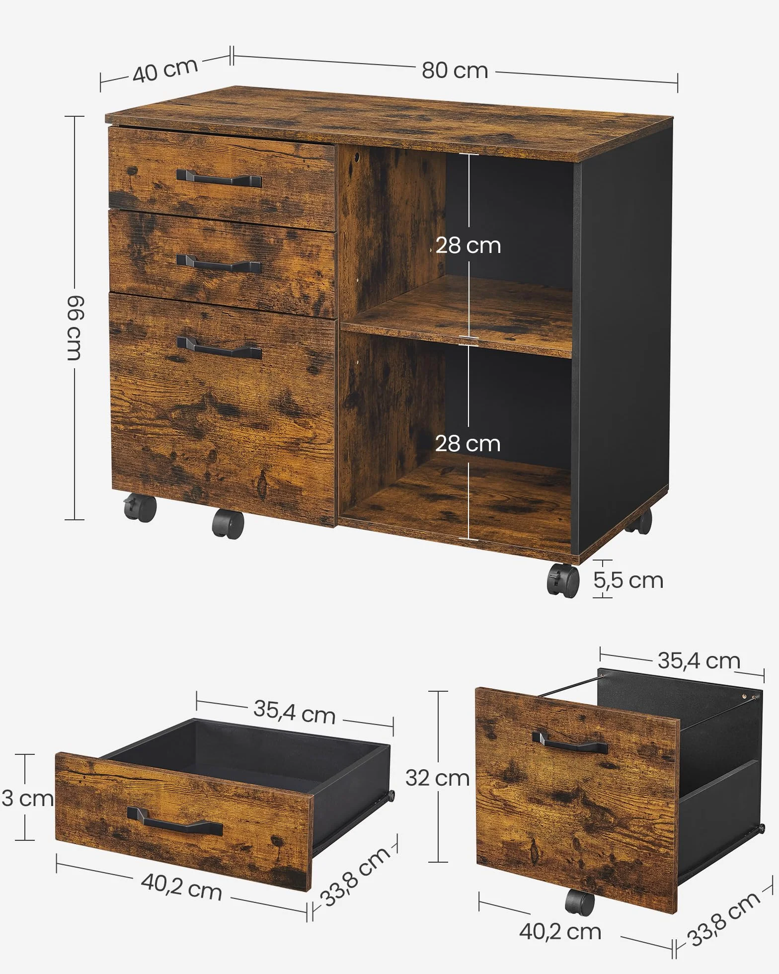 VASAGLE Archivador Lateral con 3 cajones, archivador móvil con Compartimentos Abiertos, para A4, Documentos en Formato Carta, Soporte para Impresora, Industrial rústico, marrón y Negro OFC041B01
