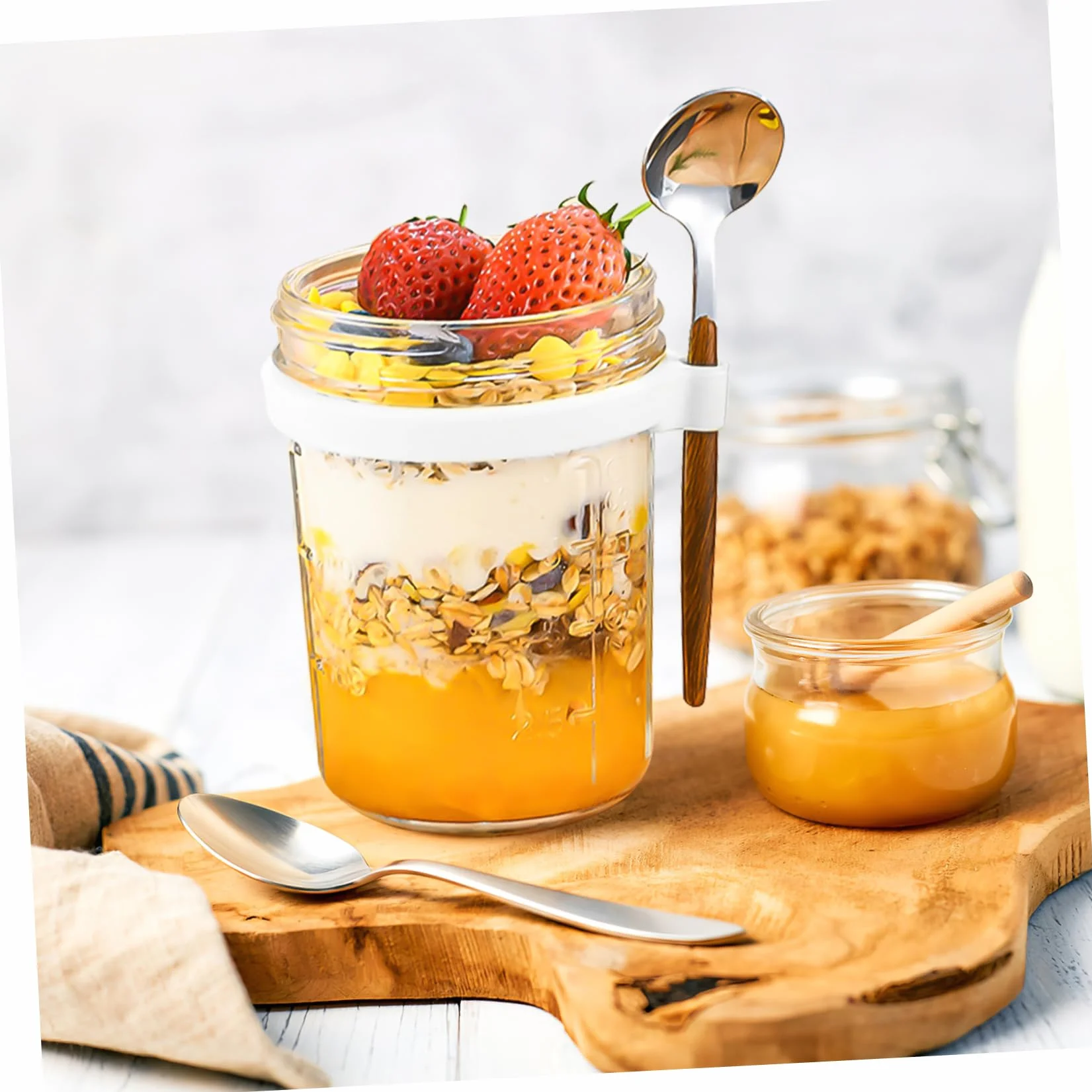 TOPBATHY Tarros de Desayuno de Cristal 400ml con Tapa y Cuchara, 4 Piezas | Vidrio y Silicona, Cierre Hermético Antiderrame, para Avena Nocturna en Cocina y Dormitorio
