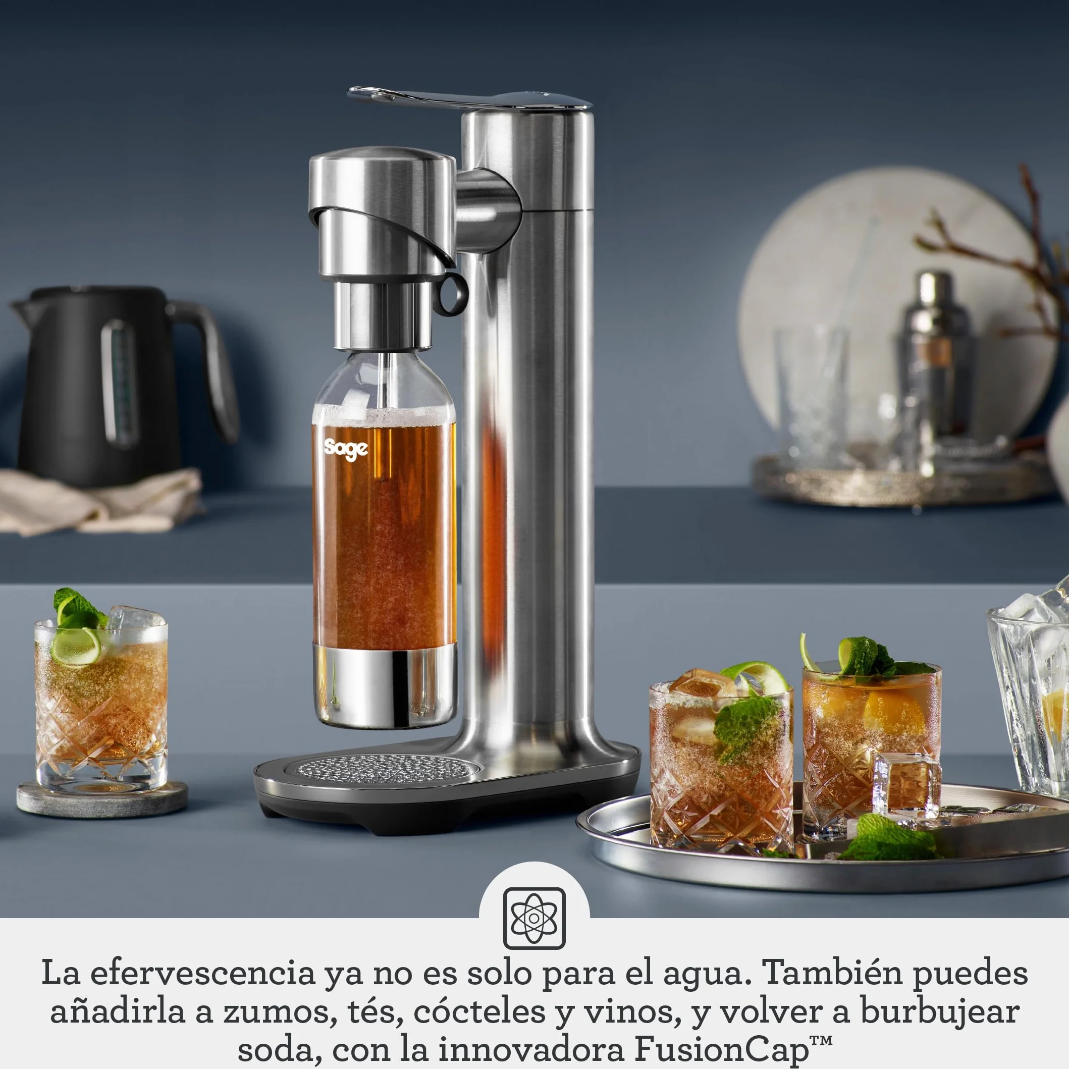 Sage InFizz Fusion Para Hacer Refrescos en Casa - Para Agua con Gas, Zumo, Té, Cócteles y Bebidas Gaseosas, Acero Inoxidable