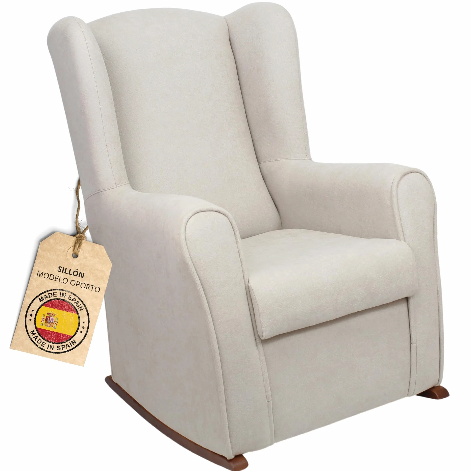 HOME DESIGN & CONFORT® Sillón Orejero Balancín Viena con Tela Antimanchas para Dormitorio, Salón, etc | Mecedora Orejera Fabricado en España (Beige)