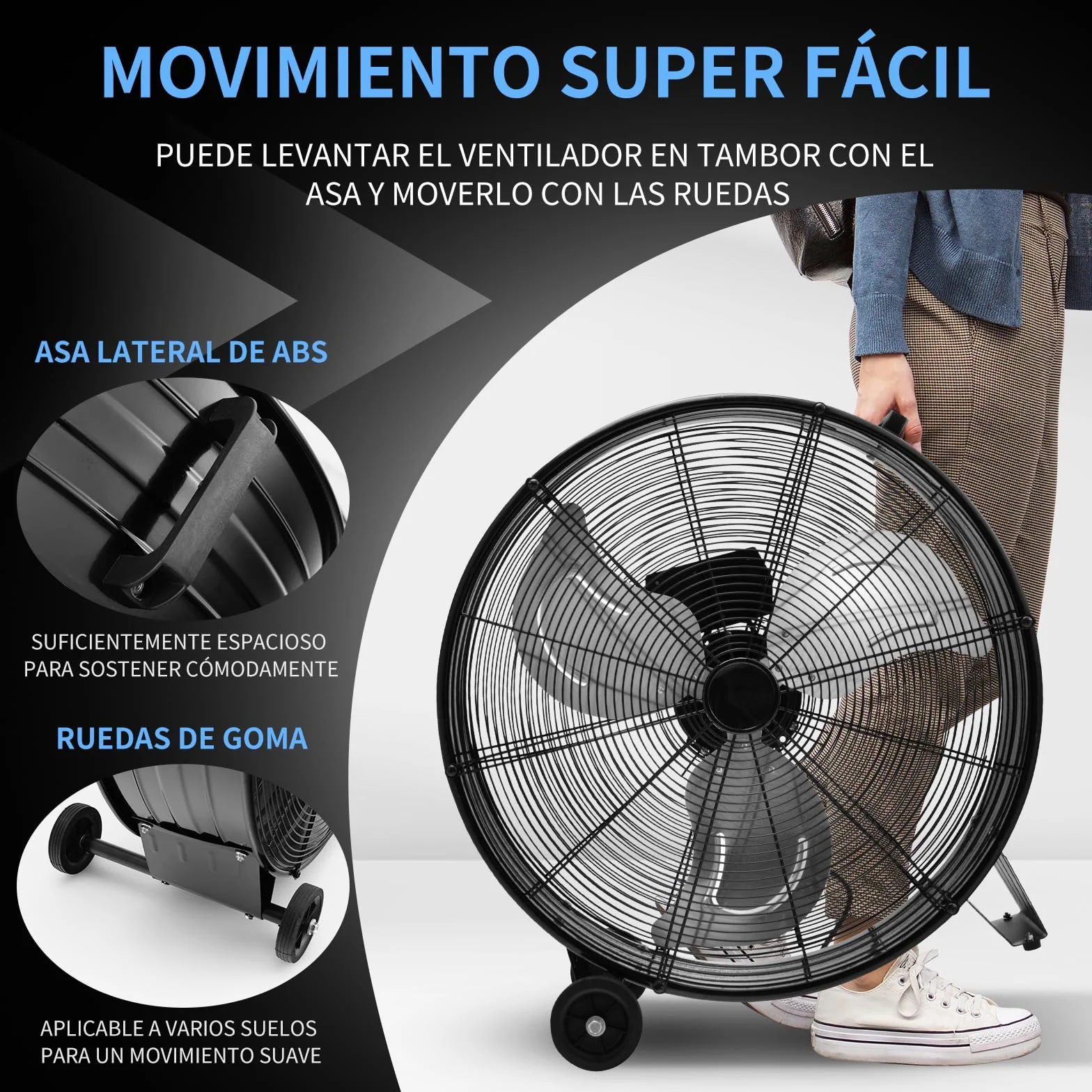 COSTWAY Ventilador Industrial de 180W, Ø65cm Ventilador de Suelo con Asa Lateral, 2 Ruedas, Soporte Antideslizante, 3 Velocidades, 3 Aspas Metálicas, Potente de Aluminio para Garaje y Almacén (Negro)