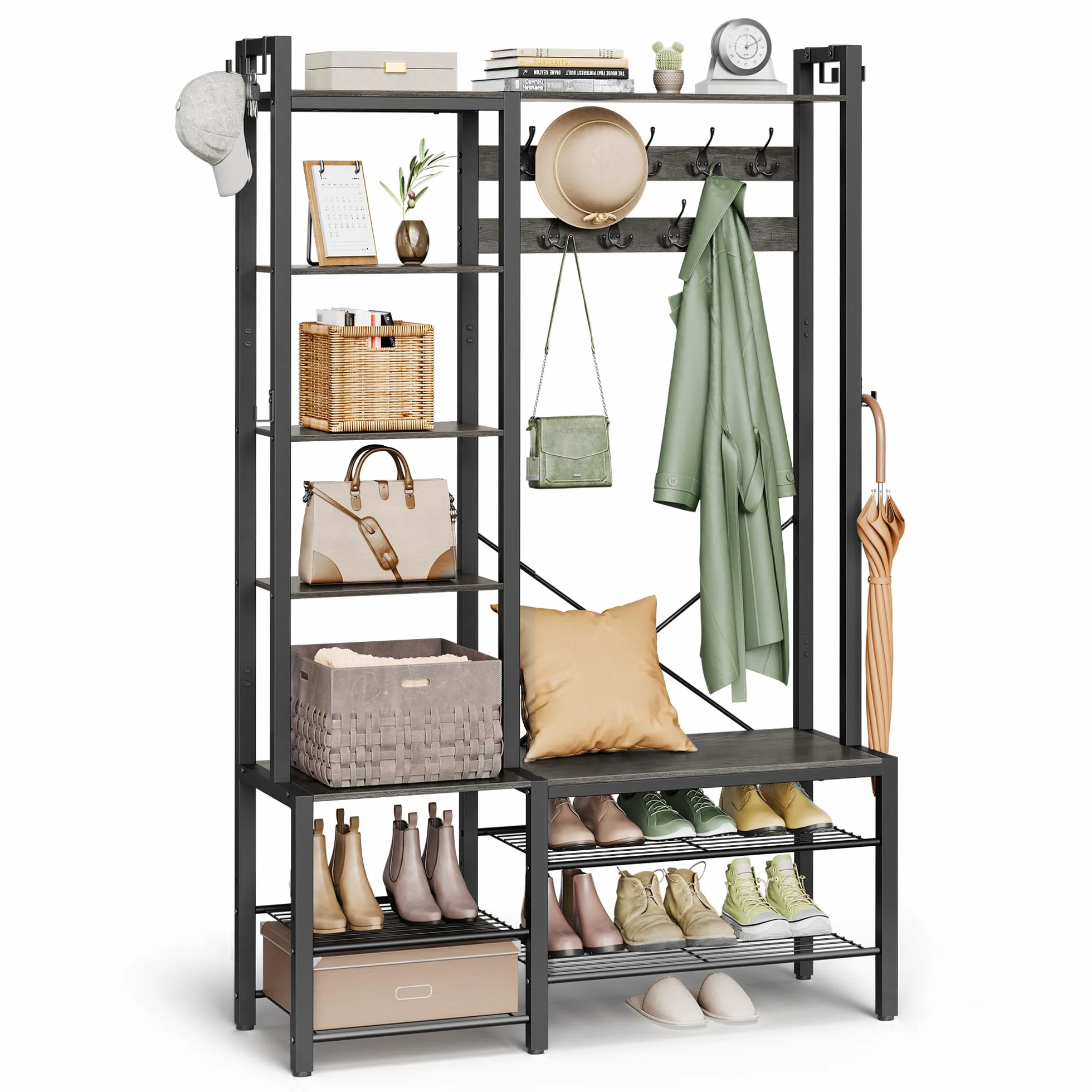 VASAGLE Perchero Recibidor con Banco Zapatero y 5 Estantes de Almacenaje, 9 Ganchos para Ropa y 6 Ganchos Laterales, 40 x 120 x 190 cm, Gris Piedra y Negro Tinta HSR426B04