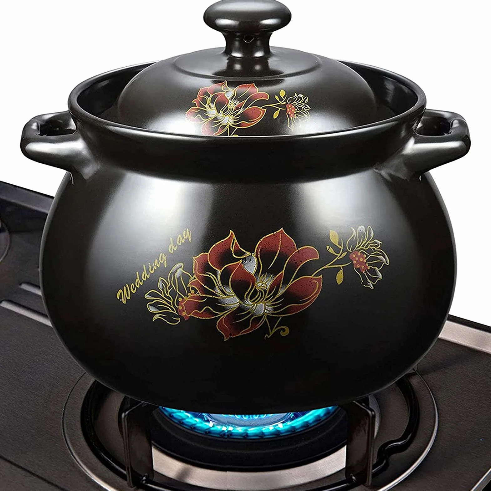 Plato De Cazuela Con Tapa, Pote De Cazuela De Cerámica, Pote De Stock, Cazuela, Olla De Barro Para Cocinar, Caja Fuerte, Olla De Piedra Hecha De Arcilla Natural, Artesanías Tradicionales,Negro,4L