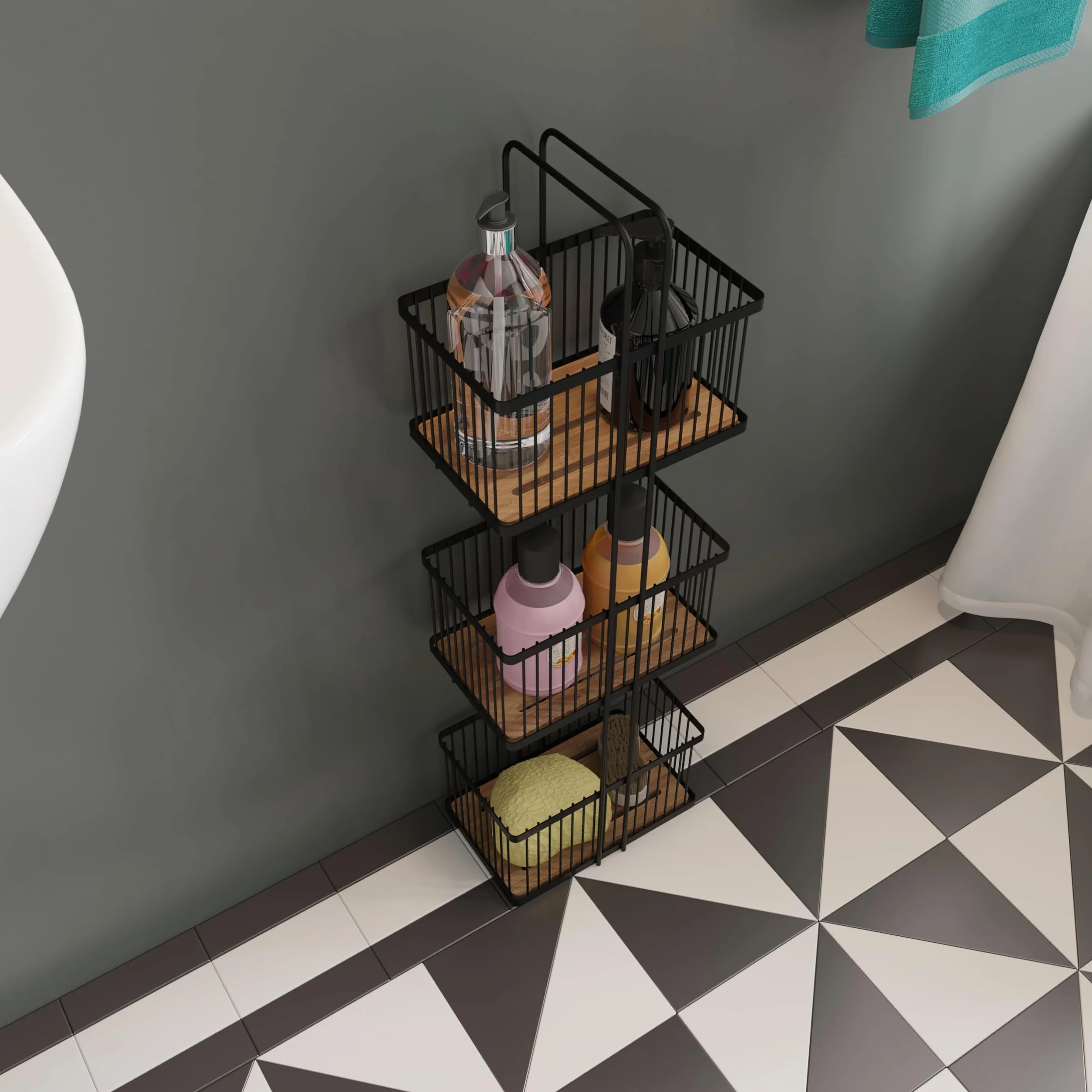 Croydex Organizador de almacenamiento de tres niveles, color negro y bambú, estantes de almacenamiento de baño independientes, cestas profundas, 22 pulgadas de profundidad x 15 pulgadas de ancho x 726 | Cesta de baño independiente | Cestas de alambre prof