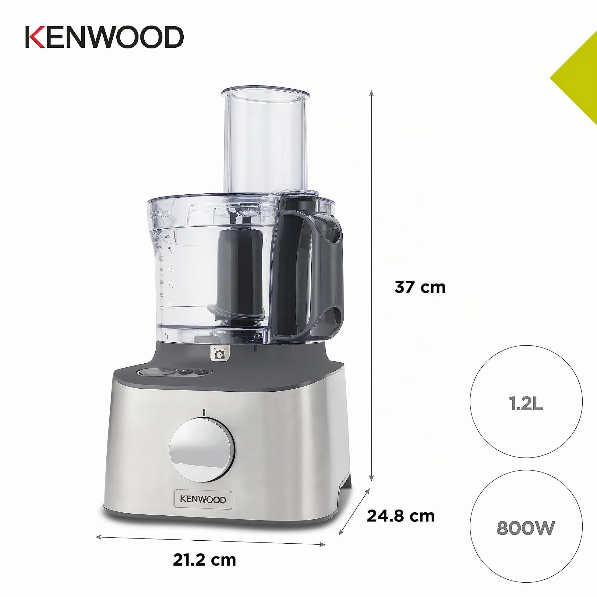 Kenwood Multipro Compact Procesador Robot de Cocina, Bol de 1,2L, Batidora de Vaso de 1,2L, Gancho para Amasar, Varillas, Discos para Cortar y Rallar, Molinillo de Especias, 800 W, FDM313S, Plata