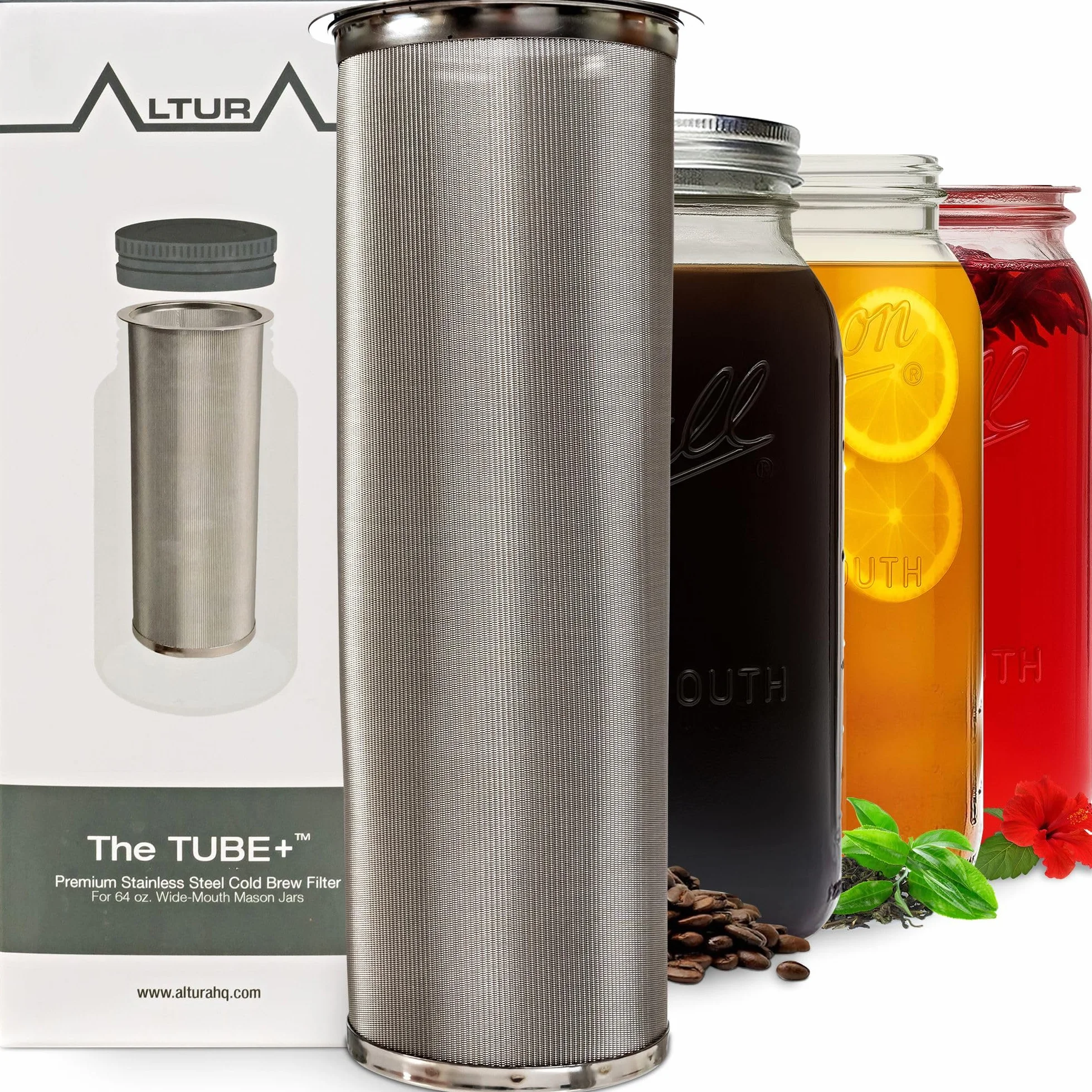 The TUBE: kit de infusor de té y cafetera de frío Filtro de malla de acero inoxidable premium diseñado para adaptarse a todos los tarros de boca ancha. Free Guía de cerveza y libro electrónico de