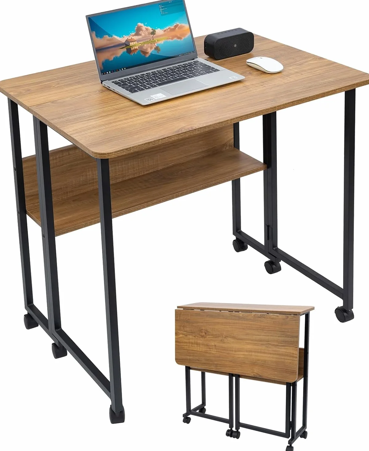 Fiutazge Mesa Escritorio Plegable con Ruedas y Almacenamiento, Mesa Plegable de Pequeño Espacio para Estudio, Casa Oficina, Computadora Manualidades,Marrón y Negro