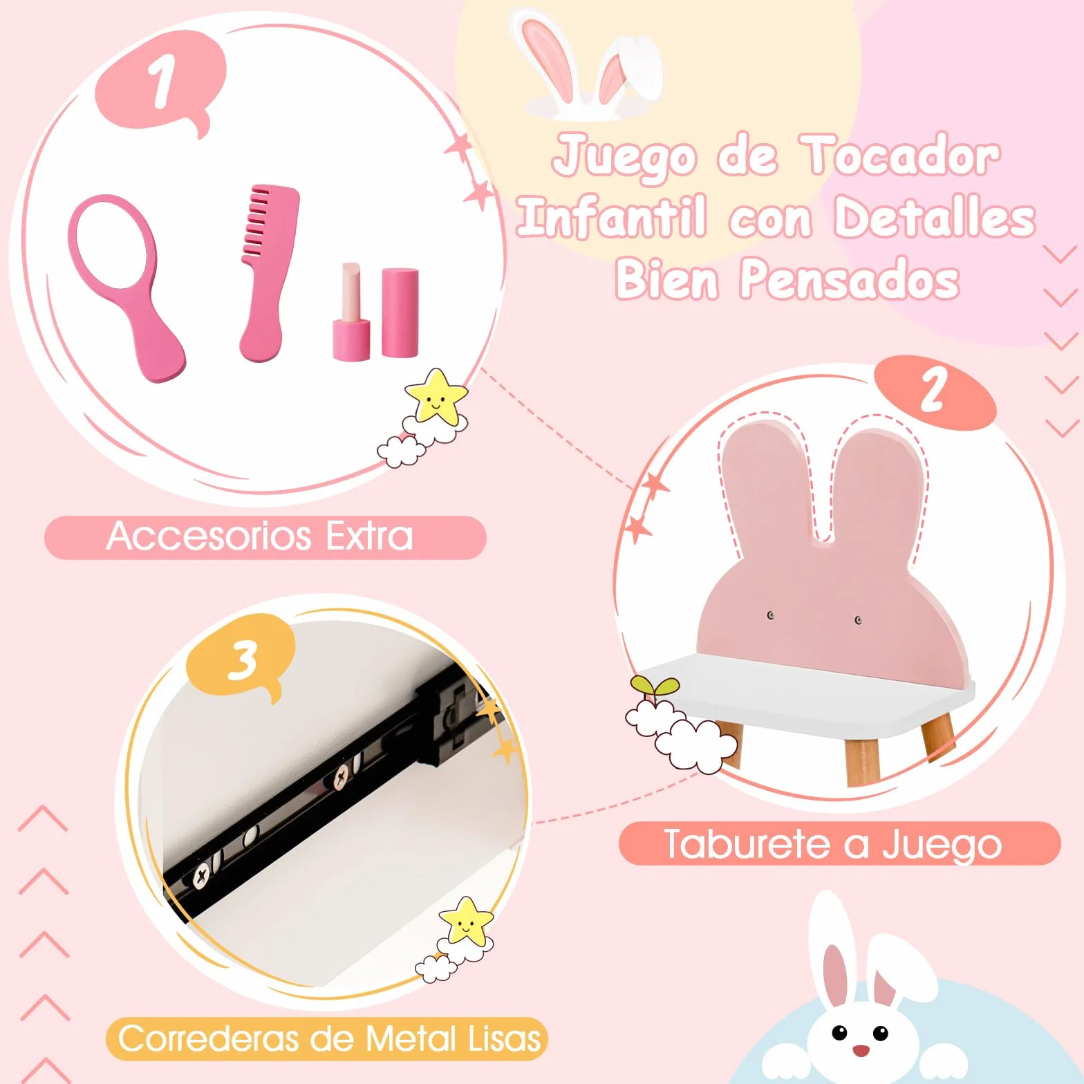COSTWAY Tocador de Maquillaje Princesa Niña, Juego Mesa y Silla, Escritorio Espejo 2 en 1, 2 Cajones Estante, Patas Madera Maciza Rosa