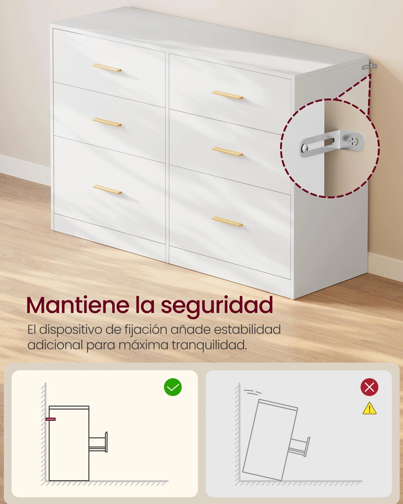 VASAGLE Custos Colección - Cómoda para Dormitorio, Mueble Almacenaje con Cajones, Soporte Moderno para TV de Salón, 6 Cajones, 40 x 119 x 78 cm, Blanco Nube LTS416WB01