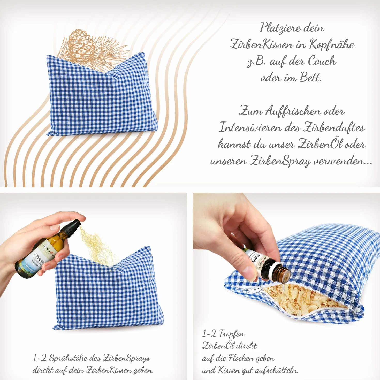 Zirben Familie - Conocido en el comercio especializado y la hostelería • Cojín de pino a cuadros azules • Cojín decorativo suave y aromático de 30 x 20 cm • Cojín decorativo relleno