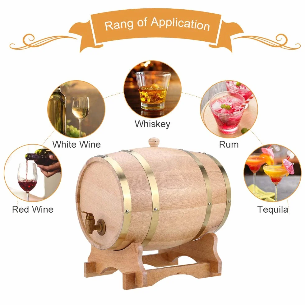 Barril de vino de roble, 10 L, práctico, duradero, de madera de roble, con soporte de madera para whisky Bourbon Tequila vino vinagre cerveza