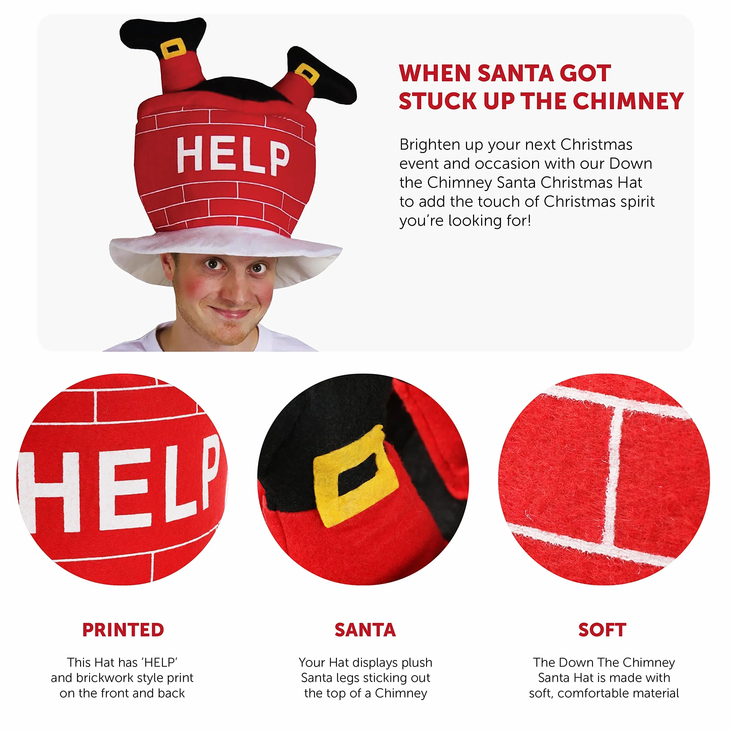Sombreros de Navidad con diseño de Papá Noel con detalles de ladrillos blancos, signo de ayuda y patas de San Santa, 48 unidades