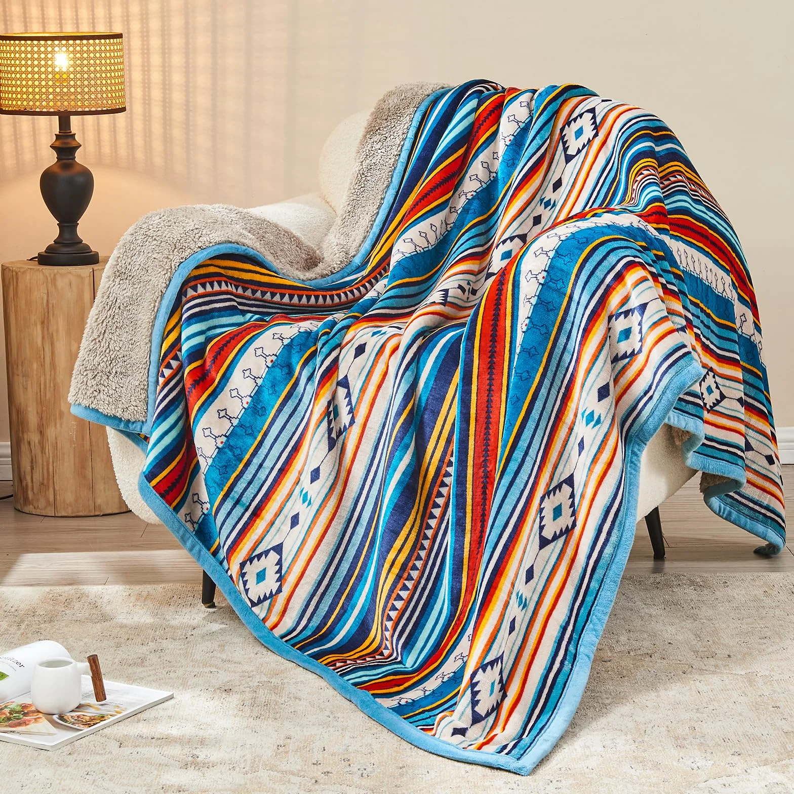 Qucover Manta de Matrimonio de Forro Polar Multicolor Estilo Boho, Cálida Manta de Sherpa, Mantas de Cama 150 Cara de Franela y Sherpa, Mantas para Sofá, Manta Polar 220x240 cm