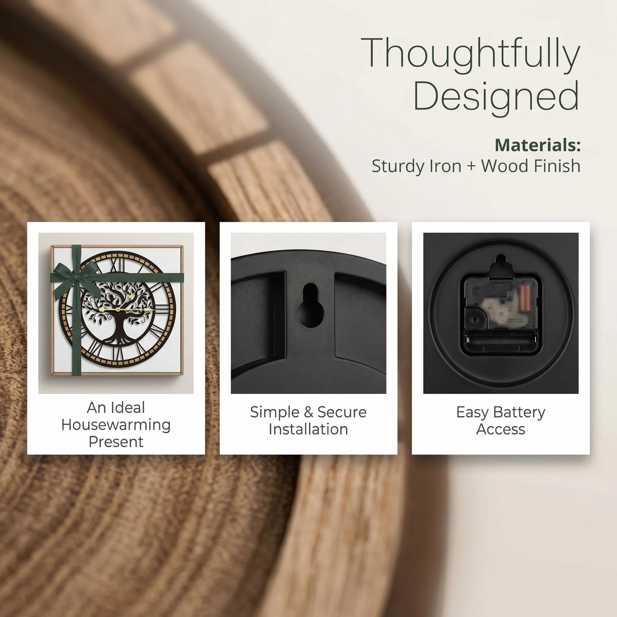 Reloj de Pared Grande con diseño de árbol de la Vida, Negro y Madera, números Romanos, Redondo, 40 cm, para Sala de Estar