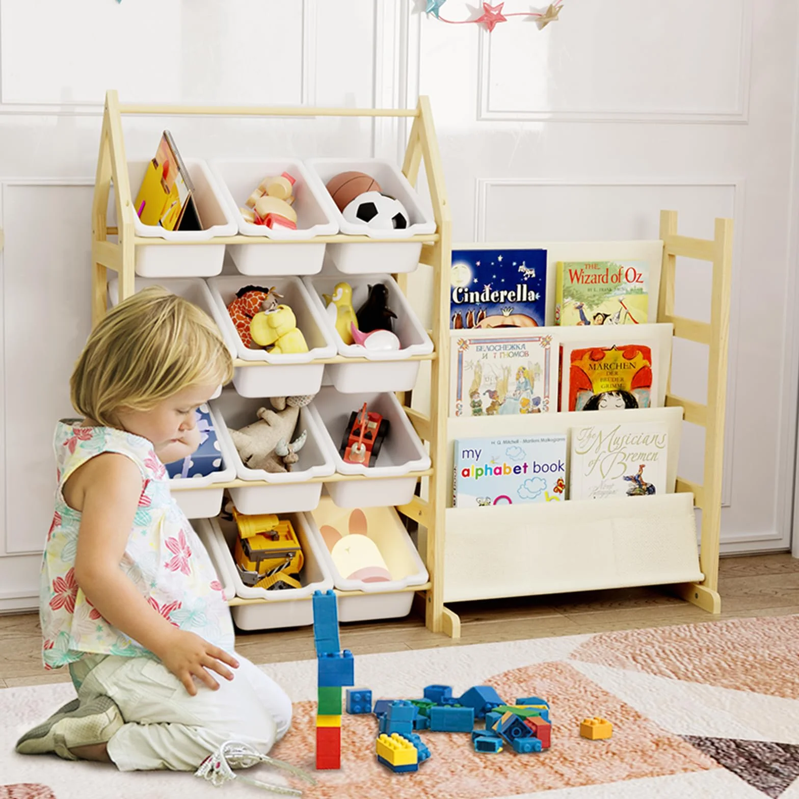 4 Niveles Organizador Juguetes Libreria Infantil Madera, con 12 Caja Almacenaje Juguetes, Mueble Juguetes Estanteria Libros Infantil Montessori, para Dormitorio, Habitación Niños, Sala Juego
