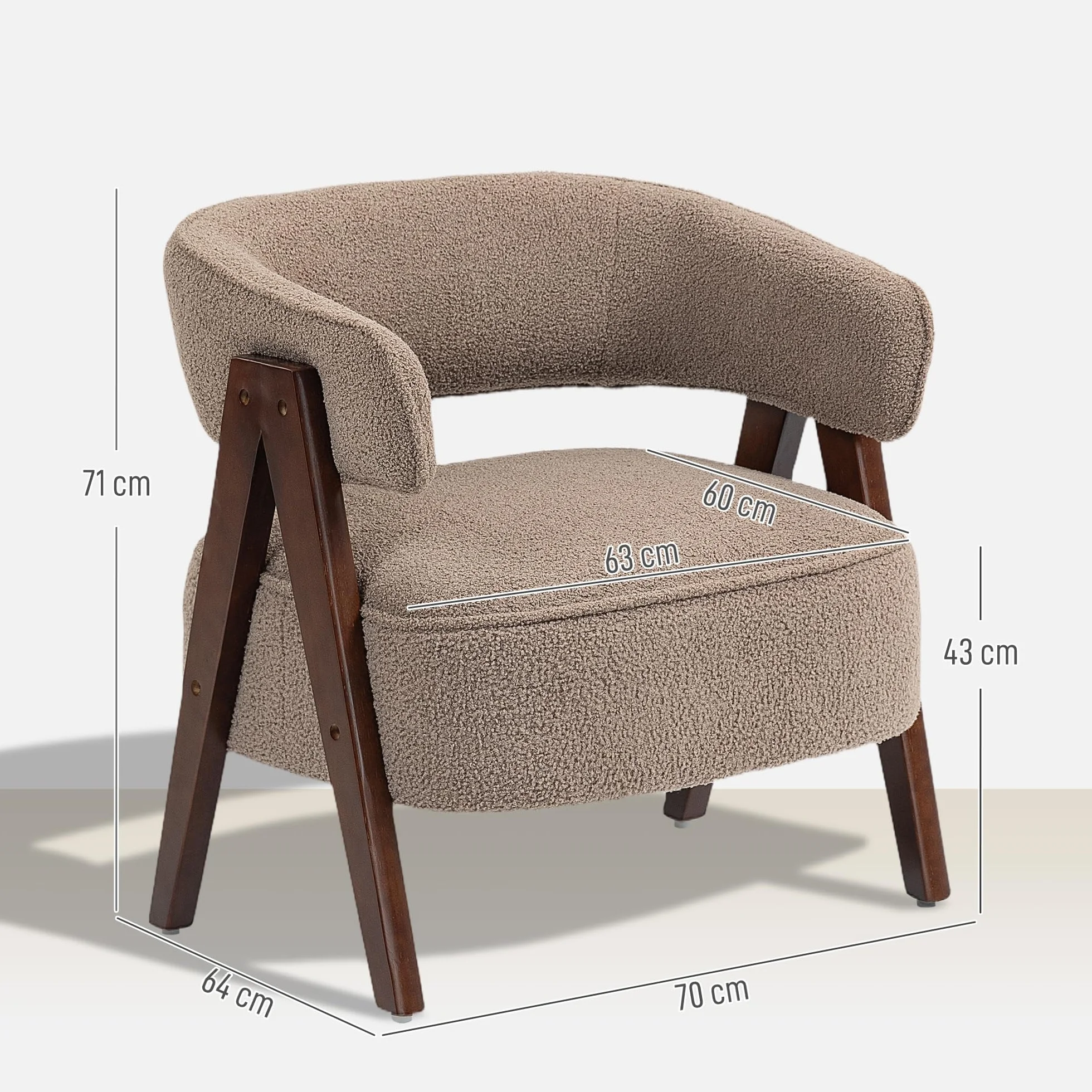 HOMCOM Butaca de Salón Tapizada en Borreguito, Sillón de Lectura Acolchado Grueso y Moderno, Asiento Ancho, Patas de Madera, Respaldo Curvado, para Dormitorio, Oficina, Marrón Claro